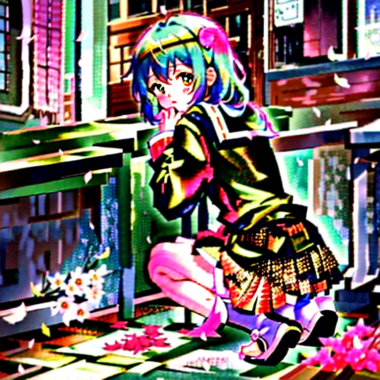 anime girl sitting on the floor with her hand on her chin, rin, anime visual of a cute girl, sakura petals around her, sayori, young anime girl, best anime 4k konachan wallpaper, anime moe artstyle, cute anime girl, (anime girl), the anime girl  crouching, female protagonist 👀 :8
