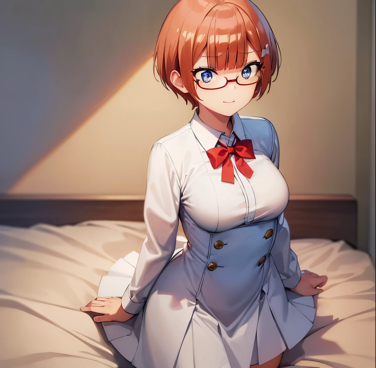 ((masterpiece)), ((Best quality)), (Ultra detailed), in bed, Sailor suit, white shirt, red bow tie, blue skirt, white socks, ((pretty eyes)), short hair, breasts big, 1 girl at school, Sola, Rizu ogata, blue eyes, red glasses, short hair, orange hair, ((pretty eyes)), smile, big breasts, medium waist, wide hips, medium thighs, good anatomy, good hands