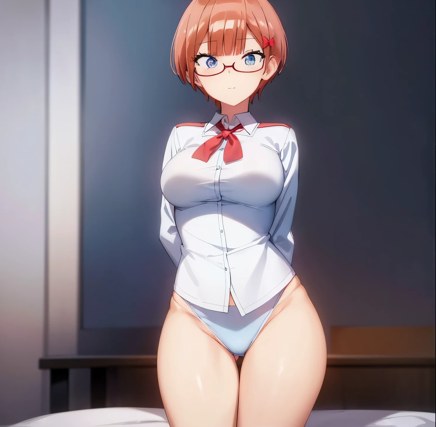 ((masterpiece)), ((Best quality)), (Ultra detailed), in bed, Sailor suit, white shirt, red bow tie, blue skirt, white socks, ((pretty eyes)), short hair, breasts big, 1 girl at school, Sola, Rizu ogata, blue eyes, red glasses, short hair, orange hair, ((pretty eyes)), smile, big breasts, medium waist, wide hips, medium thighs, good anatomy, good hands
