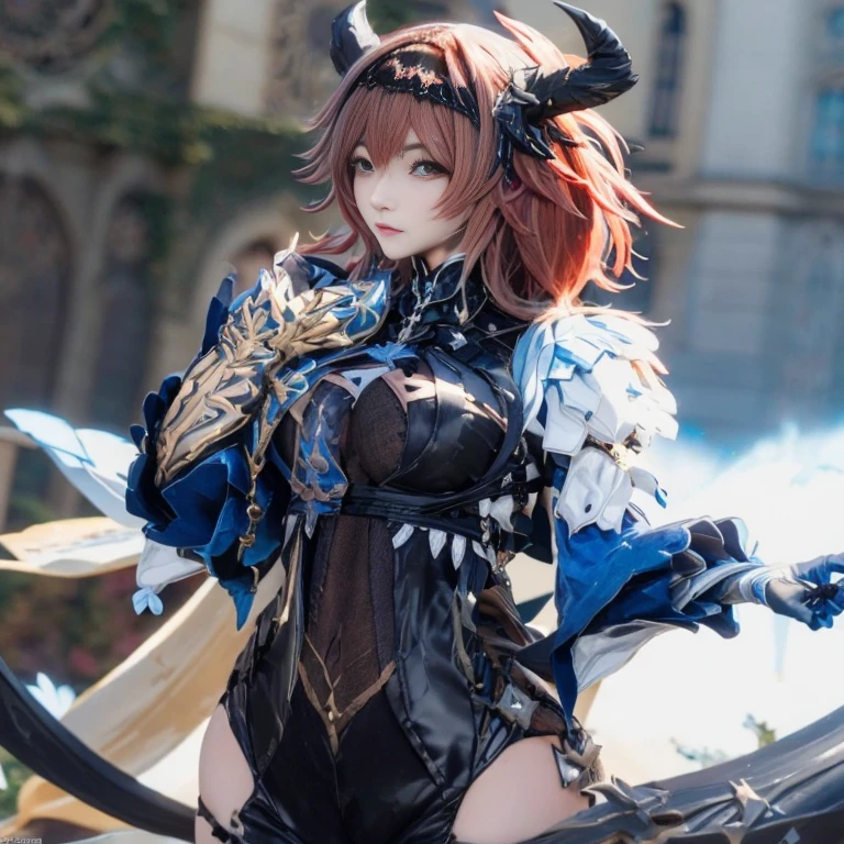 araffe dressed in a black outfit with horns and a chain around her neck, anime girl , ornate , gothic maiden anime girl, anime , fantasy outfit, steampunk beautiful anime woman, female redhead templar, , 8k octae render photo, anime character; full body art, guweiz on pixiv artstation, guweiz