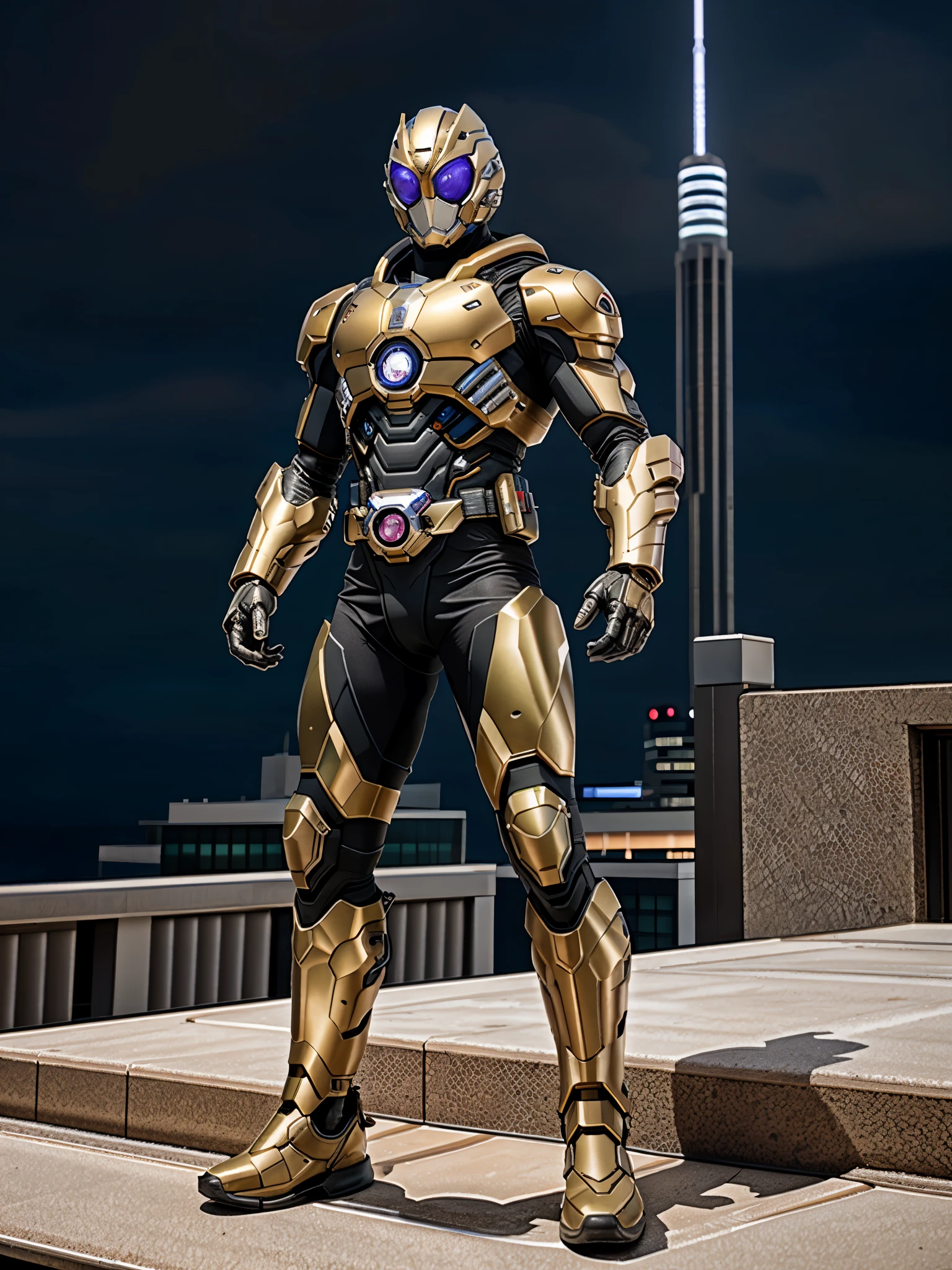 A superhero, a high-tech biotech battle suit, standing on a rooftop, looking over the city, Japanese tokusatsu and American comic style, biometallic texture of the suit, sleek and shiny, dynamic, metallic, sophisticated design, symmetrical face, extremely detailed eyes and face, high quality eyes, high definition, best quality, highres, ultra-detailed, ultra-fine painting, exquisite and mature, extremely delicate, professional, anatomically correct, creativity, UHD, HDR, 32k, Natural light, cinematic lighting, best shadow, masterpiece-anatomy-perfect, masterpiece