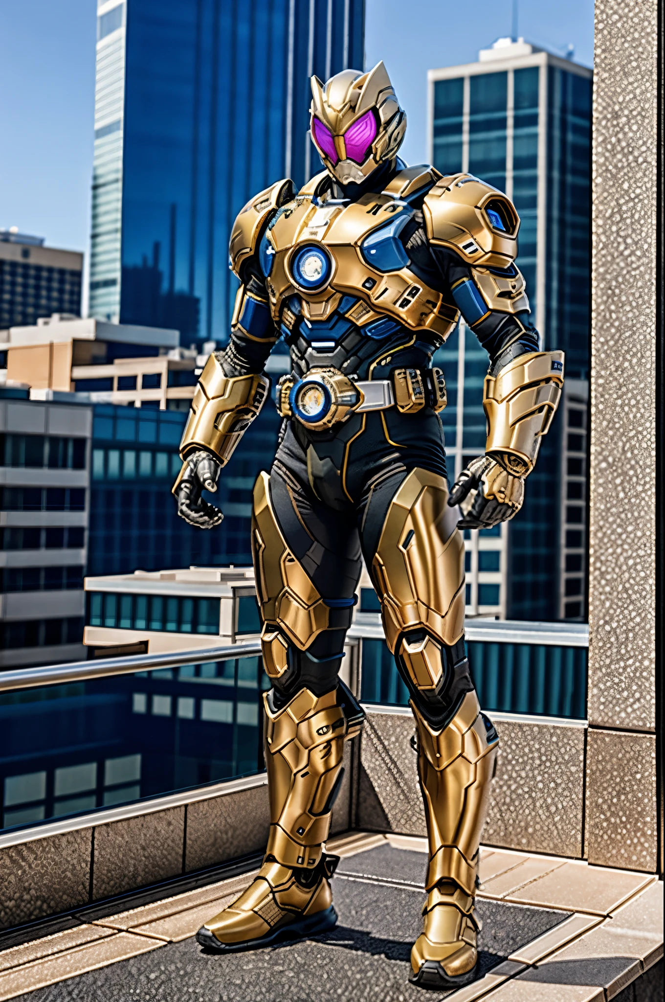 A superhero, a high-tech biotech battle suit, standing on a rooftop, looking over the city, Japanese tokusatsu and American comic style, biometallic texture of the suit, sleek and shiny, dynamic, metallic, sophisticated design, symmetrical face, extremely detailed eyes and face, high quality eyes, high definition, best quality, highres, ultra-detailed, ultra-fine painting, exquisite and mature, extremely delicate, professional, anatomically correct, creativity, UHD, HDR, 32k, Natural light, cinematic lighting, best shadow, masterpiece-anatomy-perfect, masterpiece