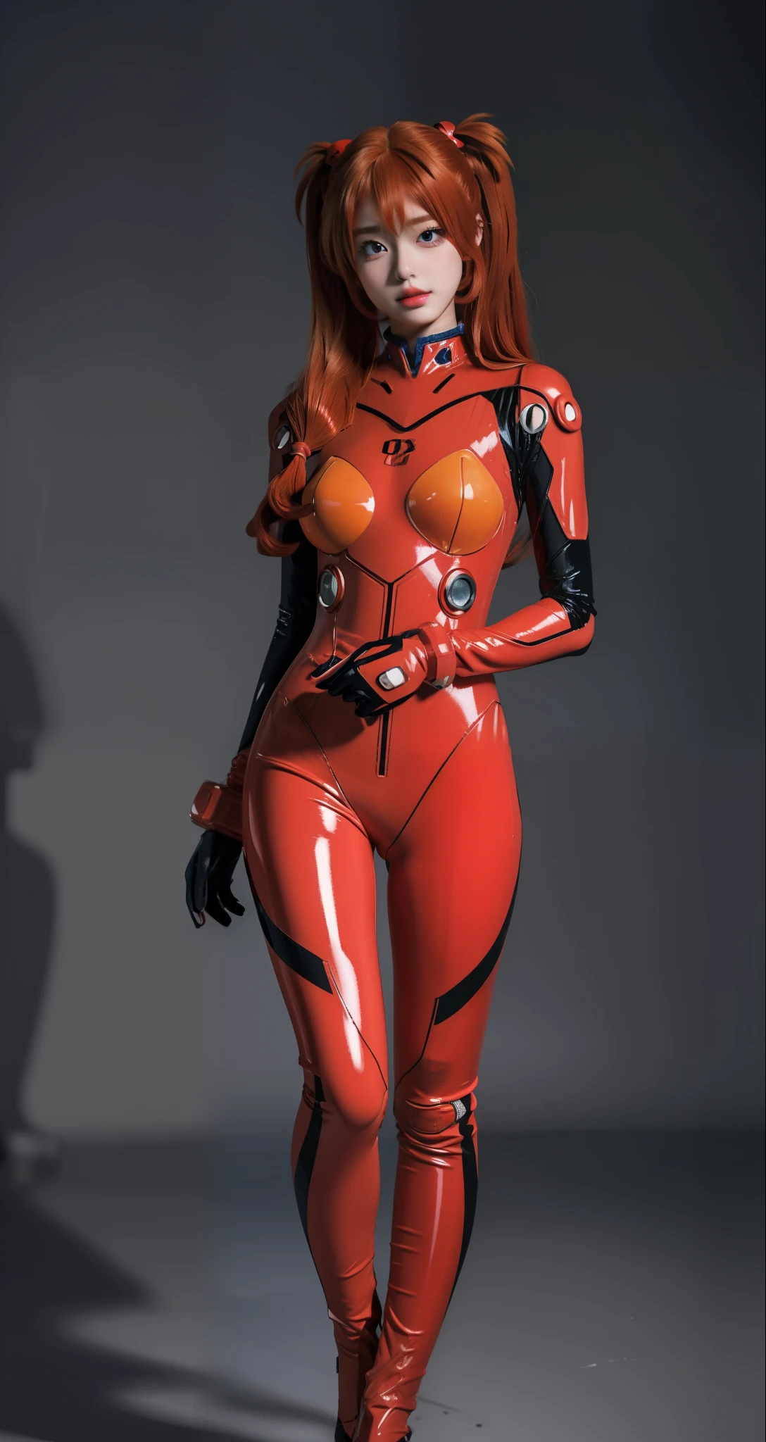 best quality, masterpiece, realistic, photorealistic, 1girl, solo, looking at viewer, full body, standing, ((ginger twin tail hair)), asuka  costume, , plugsuit, bodysuit, hair ornament, detailed background, in 