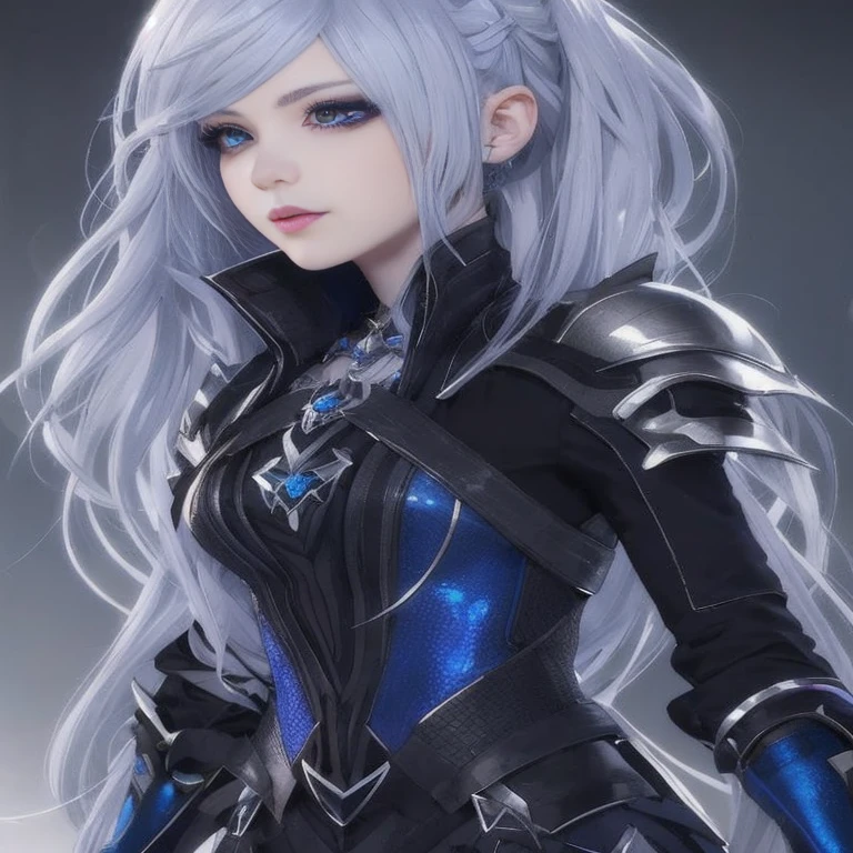 a woman with long white hair and blue eyes wearing armor, cyborg - girl with silver hair, stunning character art, 3 d render character art 8 k, perfect white haired girl, 8k high quality detailed art, hyperdetailed fantasy character, epic exquisite character art, pale black armor, detailed anime character art, anime highly detailed, armor girl