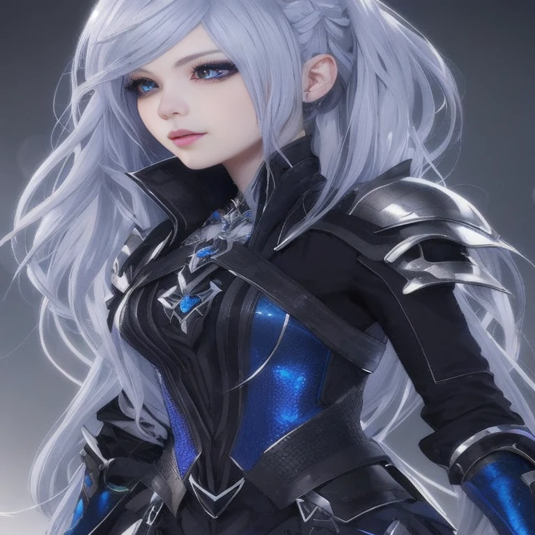 a woman with long white hair and blue eyes wearing armor, cyborg - girl with silver hair, stunning character art, 3 d render character art 8 k, perfect white haired girl, 8k high quality detailed art, hyperdetailed fantasy character, epic exquisite character art, pale black armor, detailed anime character art, anime highly detailed, armor girl