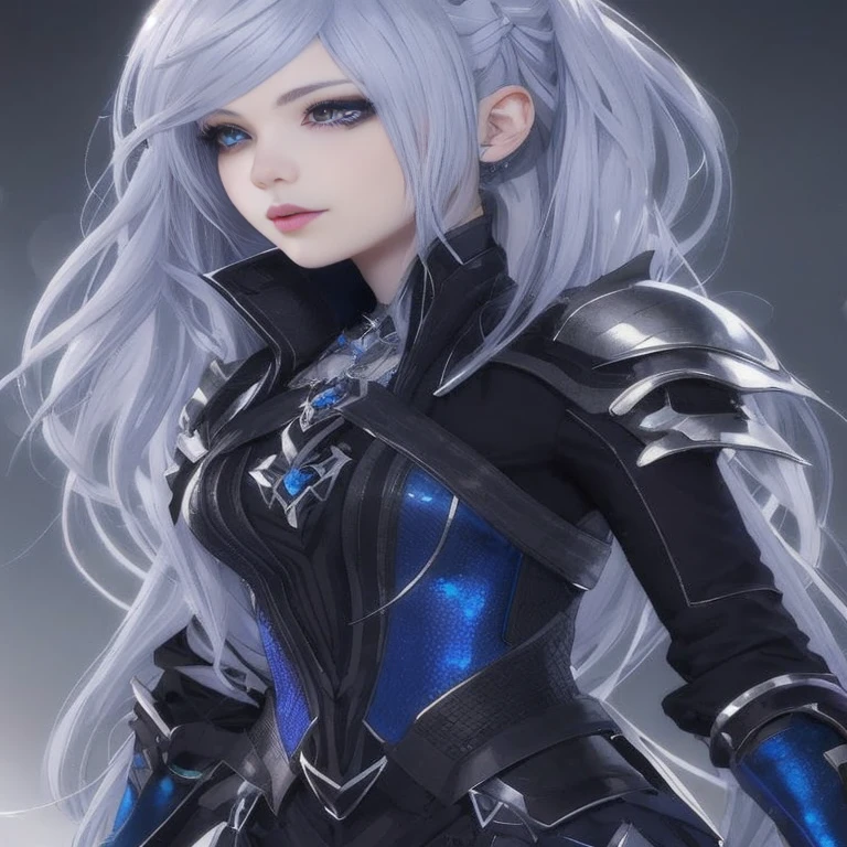 a woman with long white hair and blue eyes wearing armor, cyborg - girl with silver hair, stunning character art, 3 d render character art 8 k, perfect white haired girl, 8k high quality detailed art, hyperdetailed fantasy character, epic exquisite character art, pale black armor, detailed anime character art, anime highly detailed, armor girl
