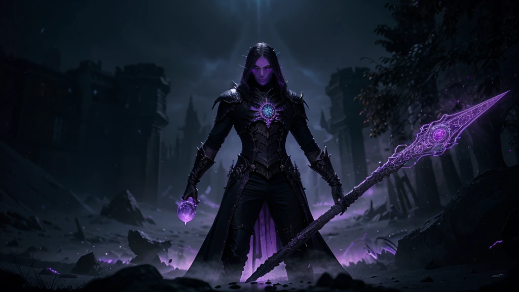 Create a stunning visual representation of a towering necromancer wearing stunning damask umbral armor. He holds a majestic staff made of dragon bones, from which powerful magic emanates. Ensure the image displays the highest resolution and lighting, especially highlighting the intense purple lights radiating from the top of the staff, creating a mystical and sinister atmosphere around the character.