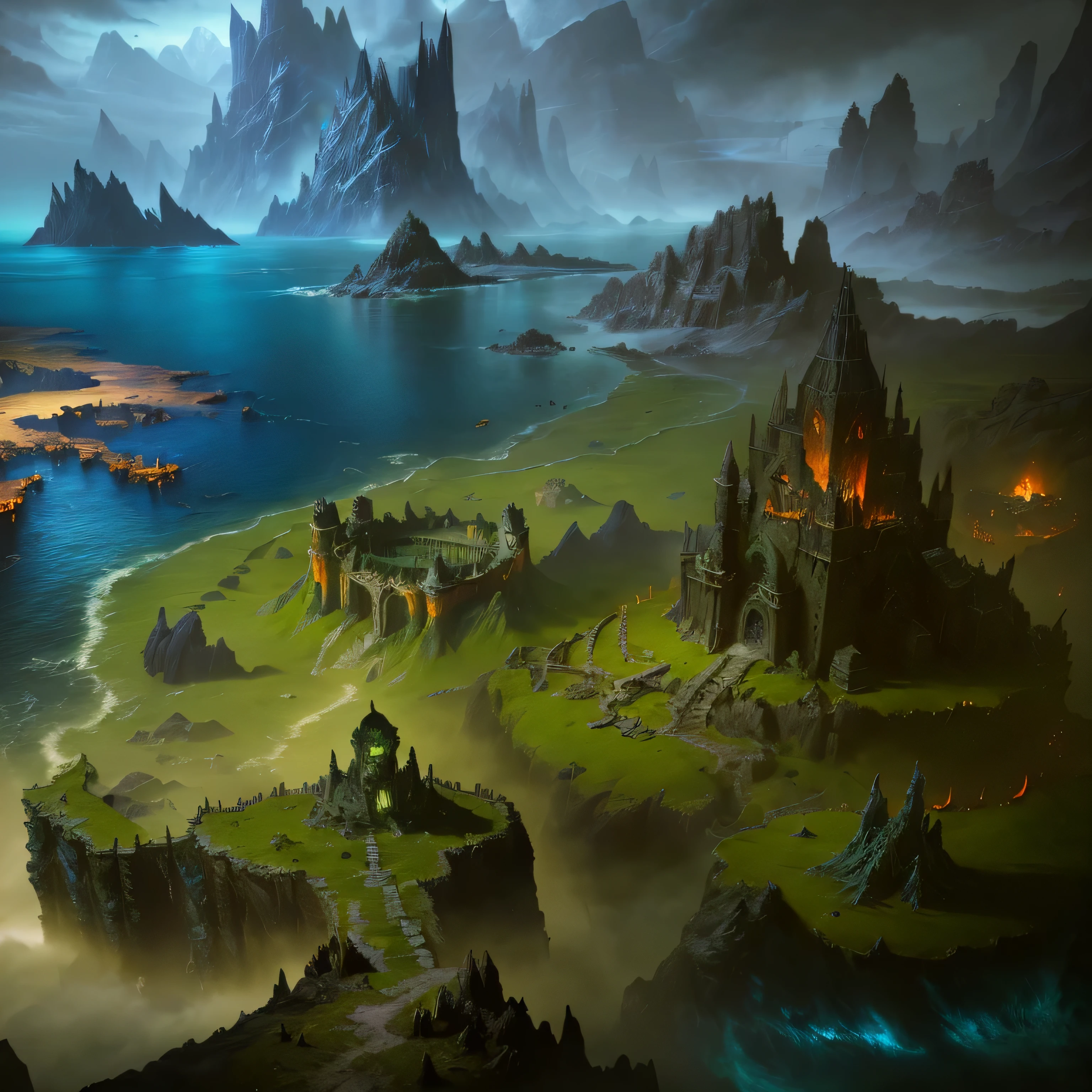dark fantasy scene,dark world of warcraft,atmosphere,dark,weird light,Epic of Cthulhu concept,land by the sea, painted as a game concept art, Demonic terrain,atmosphere,dark气息,Dota! matte painting concept art, Detailed digital 2D fantasy art, Detailed game art, Dota matte painting concept art, scenery game concept art, Game map matte painting, background artwork, concept art highly detailed, concept art. epic scenery, RPG landscape