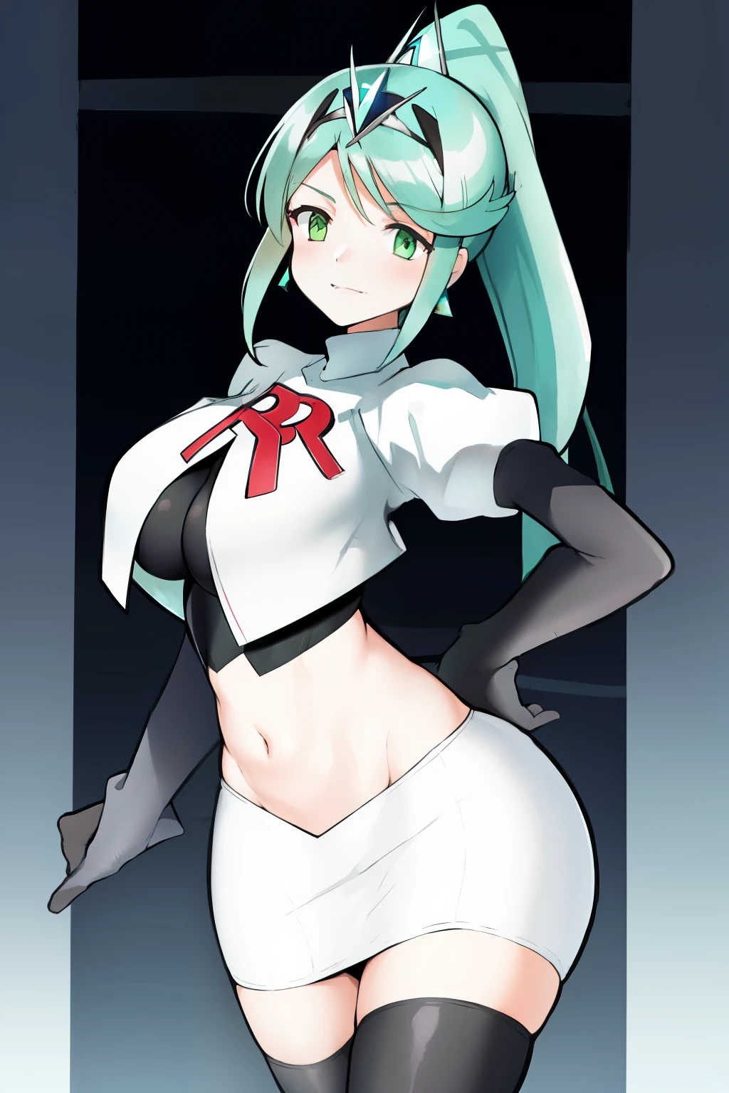 pneuma \(xenoblade\), 1girl, absurdres, bangs, breasts, earrings, green eyes, green hair, headpiece, highres, inuisbink, jewelry, large breasts, long hair, ponytail, solo, swept bangs, tiara, very long hair, xenoblade chronicles \(series\), (xenoblade chronicles 2), team rocket,team rocket uniform,white skirt,red letter R,crop top,black thigh-highs,black elbow gloves

