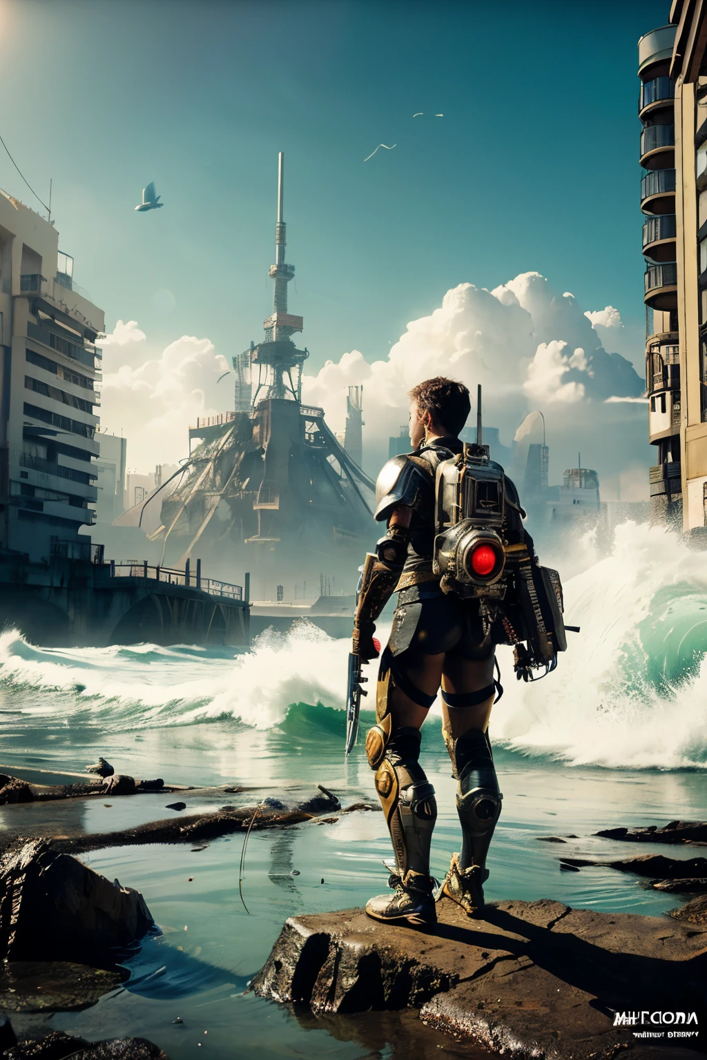 generation
Cover
The realistic large fallout radiation of the white wave of a painting spills out of the frame onto the floor and splashes real radiant water everywhere, with this woman, illustration Artstation, fantasy art, female water elemental, show wearing a Bio armor-Suit and handgun in an apocalyptic world, looking right, covered in fallout radiation, brush strokes, and paint splashes. Rich and deep colors.Draw a post-apocalyptic landscape with ON A future city BACKGROUND - Create a highly detailed and complex rusting aged patina on Bio armor-Suit with steampunk elements with colors and & gold rusty paint remnants - DIGITAL ART Full Shot Character Reference Pose ultra high definition - Nikon D810 | ISO 64 | focal length 20 mm (Voigtländer 20 mm f3.5) | aperture f/9 | exposure time 1/40 Sec (DRI) ULTRA REALISTIC - intricate mech details, ground level shot, 8K resolution, Cinema 4D, Behance HD, polished metal, Unreal Engine 5, rendered in Blender, sci-fi, futuristic, trending on Artstation, epic, cinematic background, dramatic, atmospheric,, conceptual art, architecture, fashion, dark fantasy, 3d rende, fashion, cinematic, dark fantasy, illustration, painting