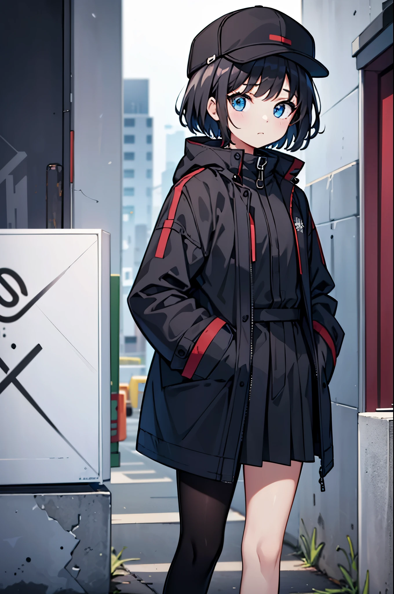 (((masterpiece, illustration, best quality))), 1girl, solo, blue eyes, looking at viewe, ((short hair)), ((black hair)), standing, ((baseball hat)), white headwear, upper body, black jacket, Closed sweater, ((Scenenary:white background)), black socks, ((black shirt)), perfect body, fit body, (closed mouth), li, (hands in pockets), waterproof jacket, skirt white