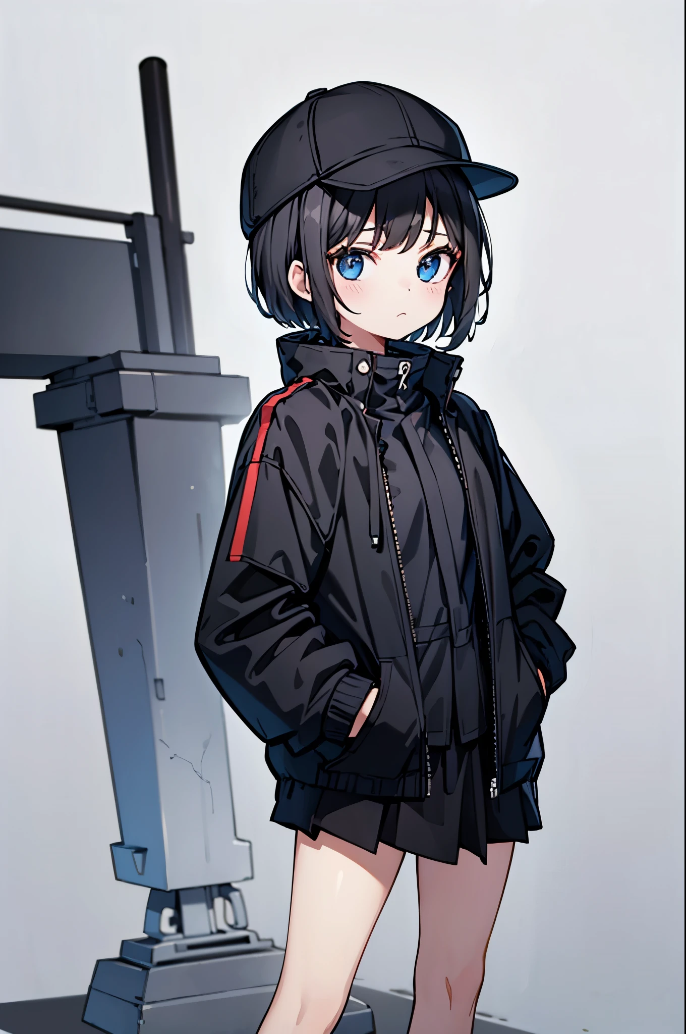 (((masterpiece, illustration, best quality))), 1girl, solo, blue eyes, looking at viewe, ((short hair)), ((black hair)), standing, ((baseball hat)), white headwear, upper body, black jacket, Closed sweater, ((Scenenary:white background)), black socks, ((black shirt)), perfect body, fit body, (closed mouth), ****, (hands in pockets), waterproof jacket, skirt white