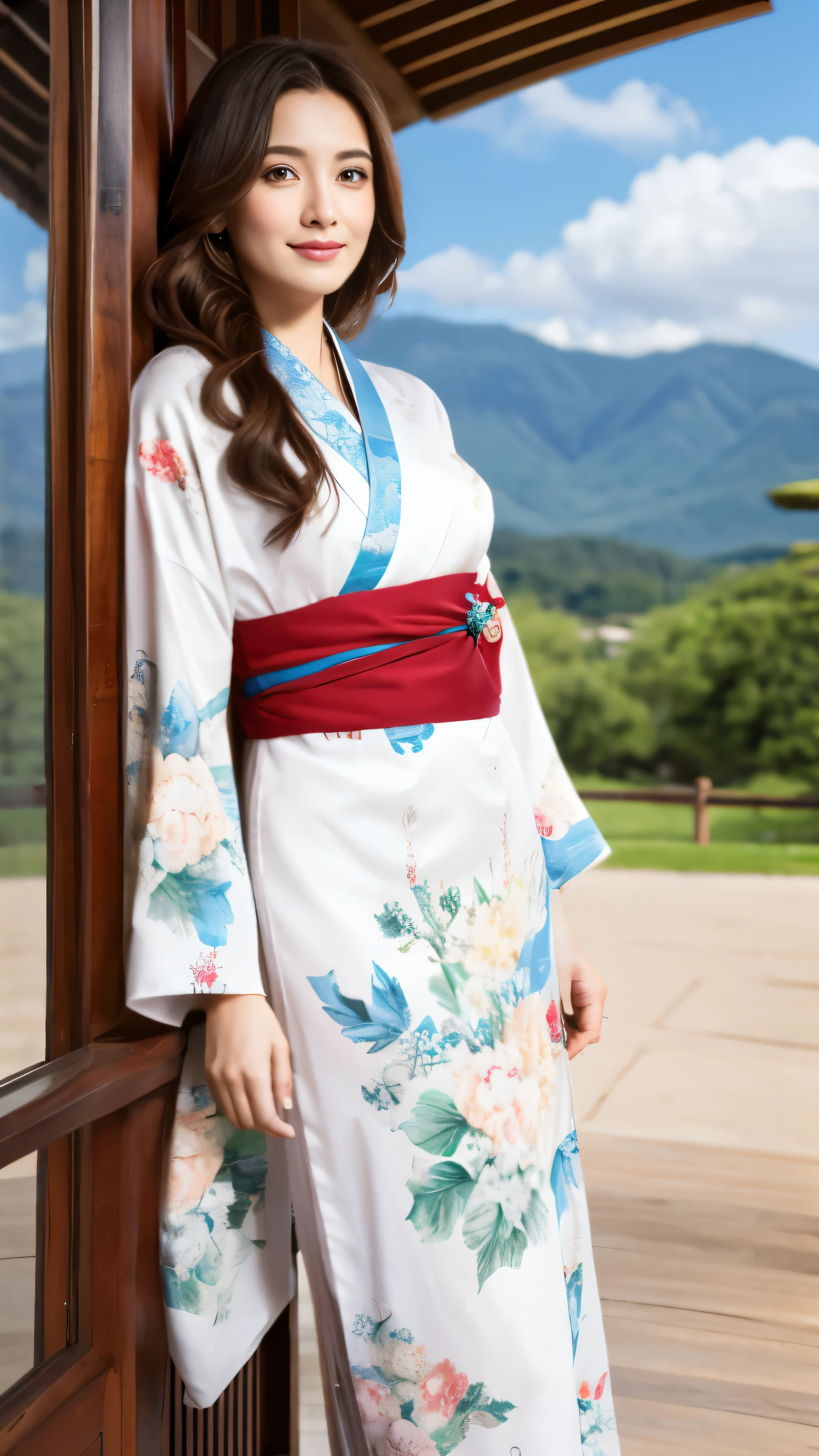 high quality images,alone, 1 girl, eye details,, chestnut hair, looking at the viewer, portrait, detailed drawings and faces, long hair, closed mouth,Unparalleled beauty details,The surroundings are shining, red floral kimono,Full body high-definition painting,city,blue sky and white clouds,Full body high-definition painting,
