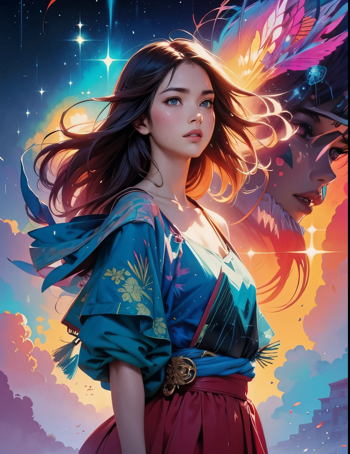 standing alone on hill| centered| detailed gorgeous face| anime style| key visual| intricate detail| highly detailed| breathtaking| vibrant| panoramic| cinematic| Carne Griffiths| Conrad Roset| ghibli