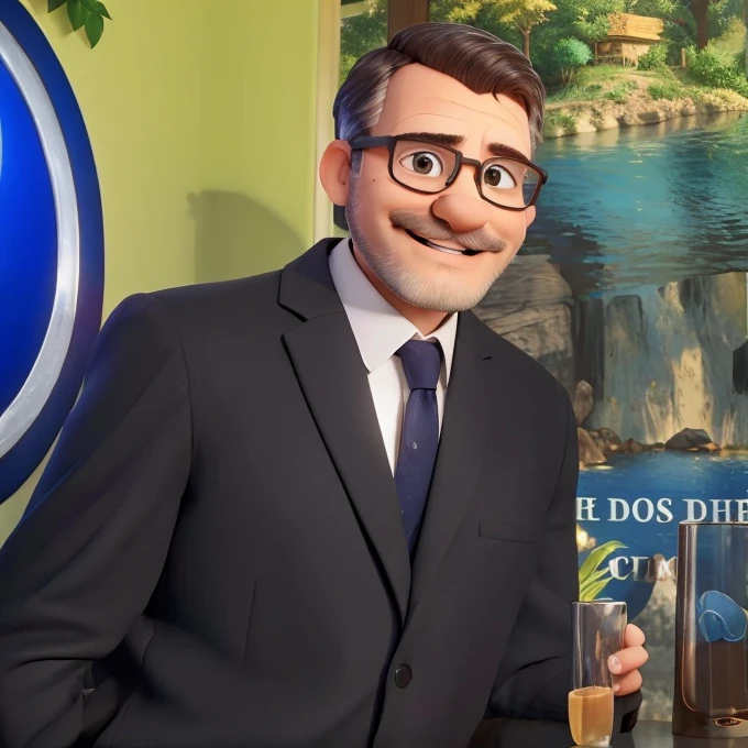 Um homem meia idade, usando uma camiseta tipo Polo, de bigode cabelos ralos e grisalhos, wearing glasses, smiling holding a glass of water, illuminated by the light of a lamp, tendo como pano de fundo um lago
