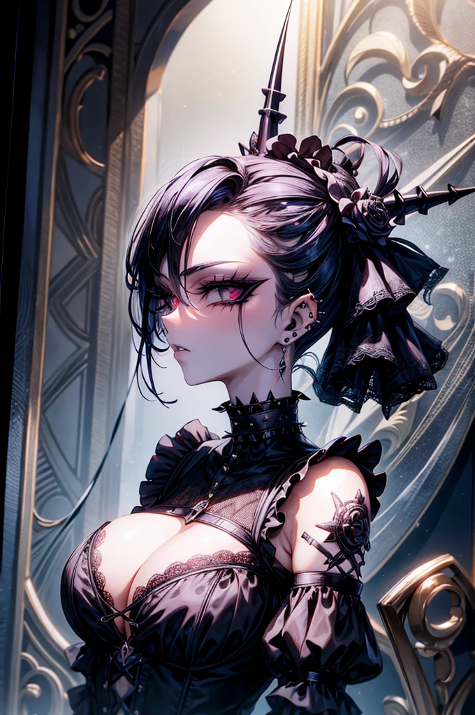 sexy, goth makeup, gothic punk style, edgy punk hairstyle, victorian dress, spiked piercings