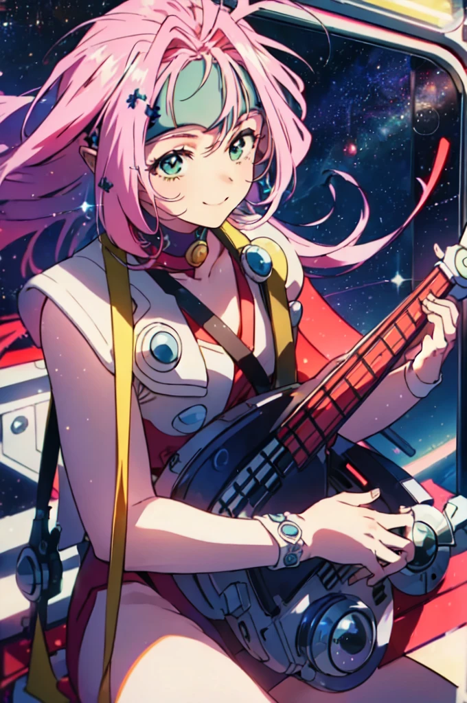 (highest quality), (masterpiece),(Super detailed:1.2),(realistic:1.1),ultra high resolution,cowboy shot,
1 girl,Seats in the cockpit of a fighter jet,sit and play bass,background(outer space),open your mouth and sing,smile,Miren, head band,wild hair,