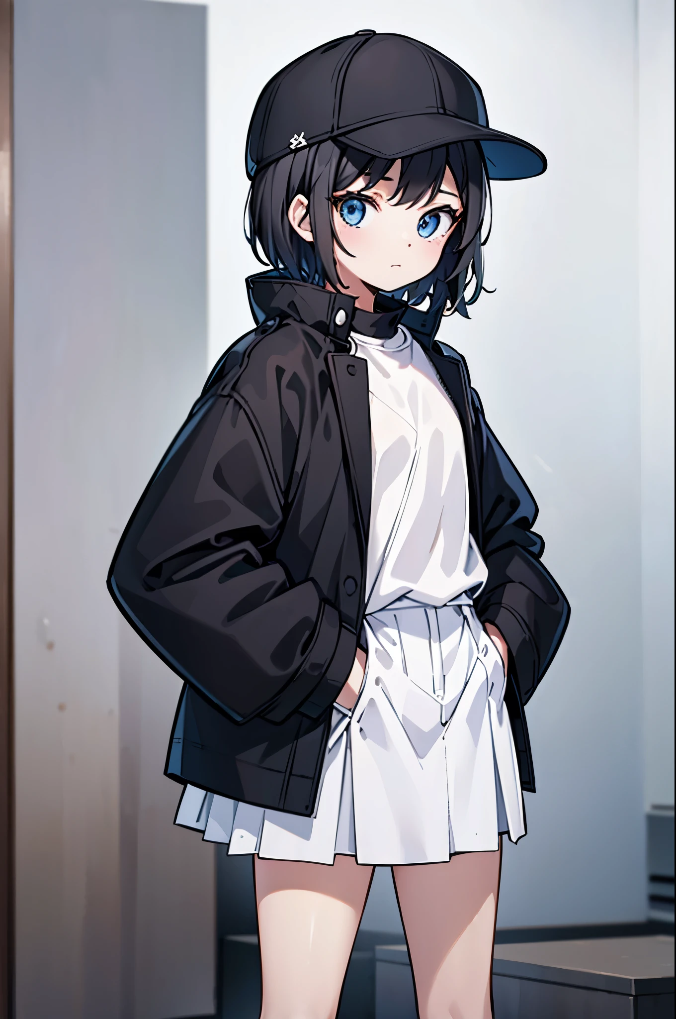 (((masterpiece, illustration, best quality))), 1girl, solo, blue eyes, looking at viewe, ((short hair)), ((black hair)), standing, ((baseball hat)), white headwear, upper body, black jacket, Closed sweater, ((Scenenary:white background)), black socks, ((black shirt)), perfect body, fit body, (closed mouth), ****, (hands in pockets), waterproof jacket, skirt white