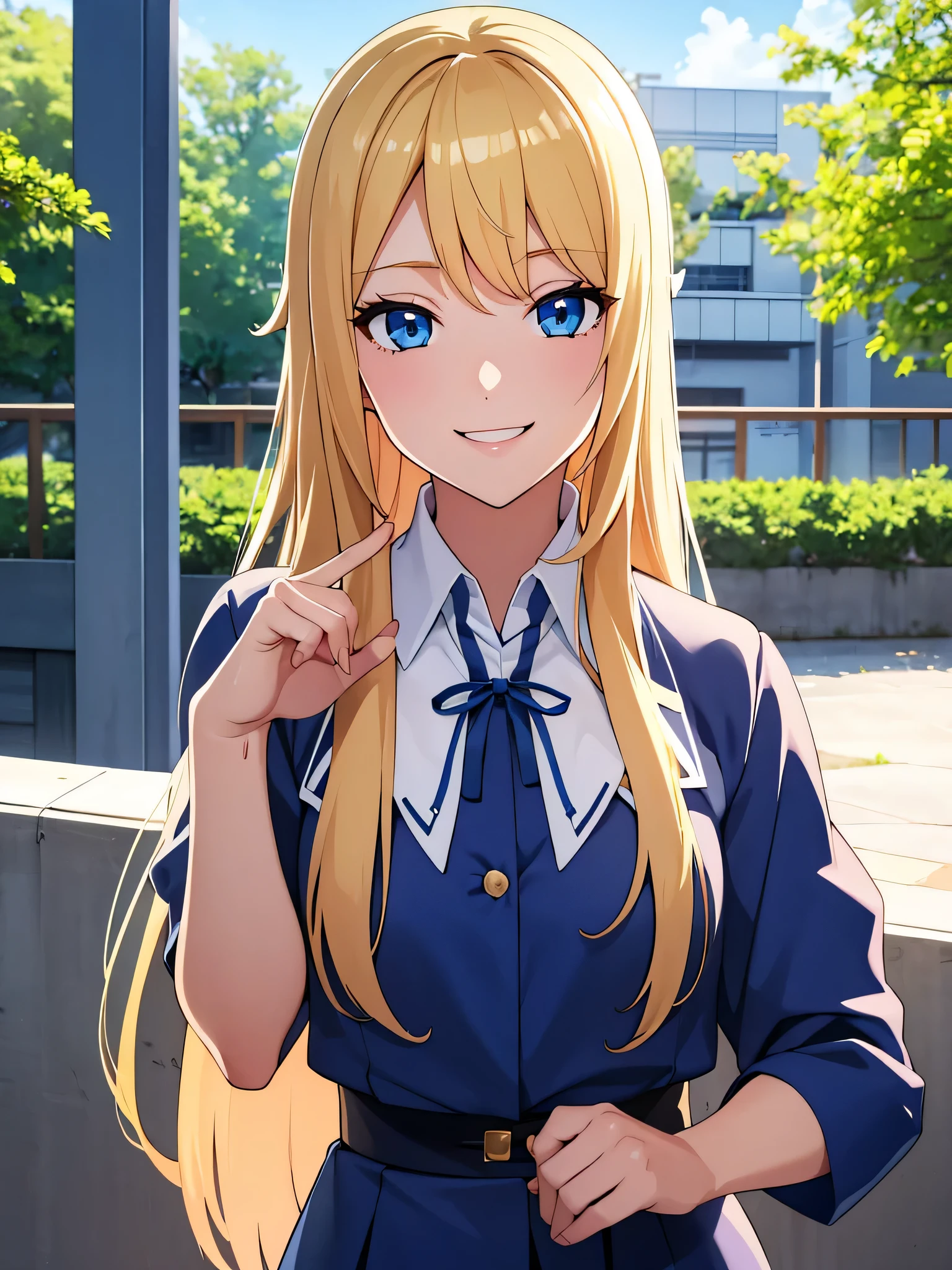 1 super beautiful girl smiling, long blonde beautiful hair, blue eyes, wearing japanese high school uniform, school, high res, ultrasharp, 8K , masterpiece , looking at viewer