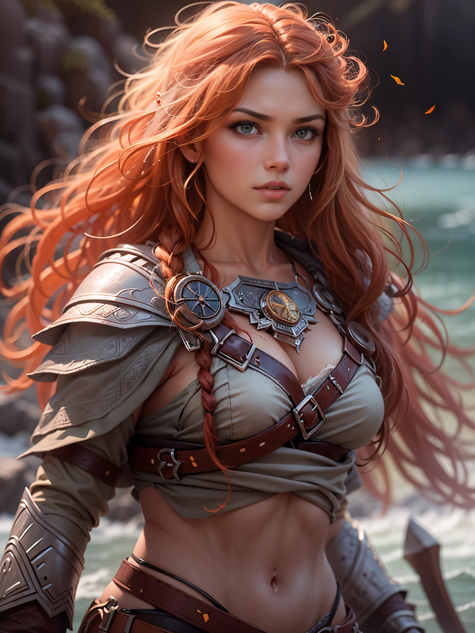 masterpiece, best quality, brilliant details, cinematic lighting, exciting perspective, young pretty woman, beautiful face, perfect eyes, big firm breasts, perfect proportions, norse type, flawless skin, textured skin, topless, cameltoe, cinematic pose, red hair, viking warrior, ice sea coast