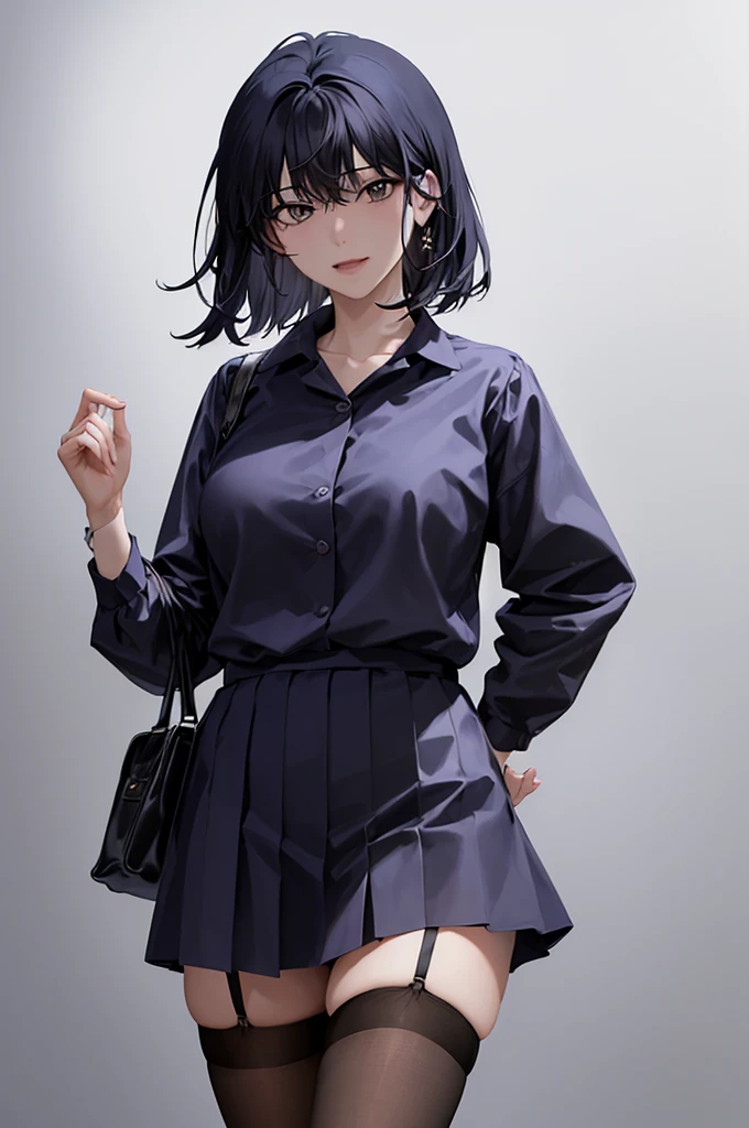(best quality, masterpiece)1girl,school uniform, sharp eyes, looking at viewer, hand on hip, garter belt, stockings, black hair, medium hair, medium breasts, standing,nice hands, perfect hands, han Sooyoung 