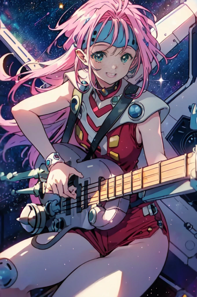 (highest quality), (masterpiece),(Super detailed:1.2),(realistic:1.1),ultra high resolution,cowboy shot,
1 girl,Play the bass while sitting in the cockpit of a fighter jet,background(outer space),open your mouth and sing,smile,Miren, head band,wild hair,