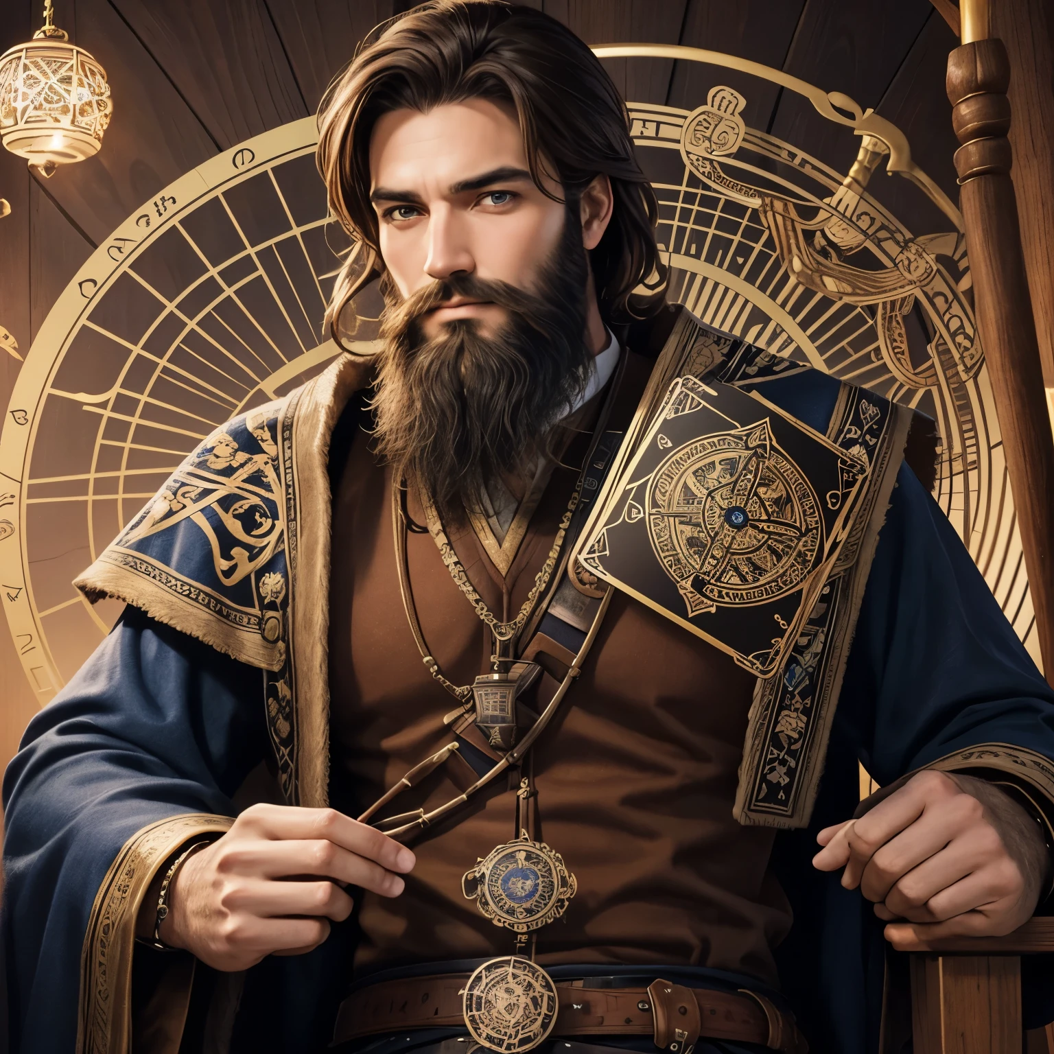 draw a man in his 30s, with a beard and brown hair, with a mischievous look, holding a tarot deck, with the wheel of destiny behind him