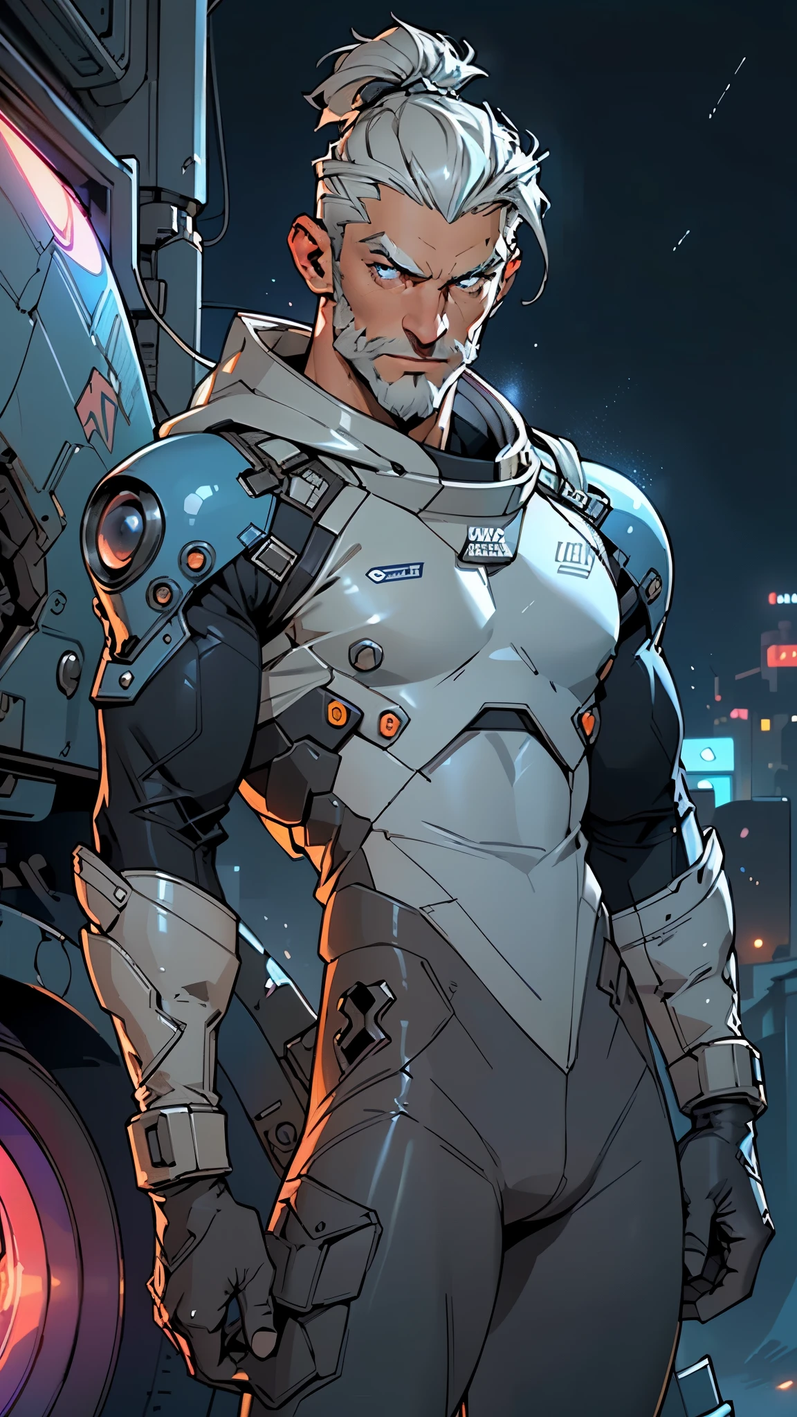 (man:1.5),1 man,space adventure man,(((1man))),
(((1male,man:1.5,handsome man,male,male gender:1.5,male focus))),macho man,old man,big muscle, pectoral, big pectoral, muscular, Mature man,45 year old man,adult,1 man, old macho man
((short gray hair,slicked hair,gray hair)),(((lustrous skin:1.5,tanned skin,bright skin: 1.5,skin tanned,shiny skin,very shiny skin,shiny body,illuminated skin))),(((blue_eyes:1.2))),intricate eyes,beautiful detailed eyes,symmetrical eyes,man chest,handsome face,(((white very short beard, silver very short beard))),((muscular,hairy body,muscular man)),(((detailed face))),
alluring look,nsfw,Viking, barbarian,
space suit pants,((bulge in pants)),((space suit outfit, blue space suit,short sleeve spacesuit)),(wearing a space suit outfit:1.3,space suit clothes),((wet clothes,intricate outfit,intricate clothes)),
(dynamic pose:1.0),solo focus,((evil smile,evil look)),(centered,scale to fit dimensions,Rule of thirds),
cyberpunk city by the ocean at night, with bright neon signs and dark stormy clouds and puddles, scenery:1.25,nighttime, starry night, cosmos,Very dark night that makes the neon lights stand out, very bright neon lights,nighttime, starry night, cosmos,
artistic photography,(photography taken by sldr),highres, sharp focus,(ultra detailed, extremely detailed), (photorealistic artwork:1.37),(extremely detailed CG unity 8k wallpaper),((synthwave background theme)),(((vibrant colors))),intricate,(intricate background),(masterpiece),(best quality),photo realistic,analog style,((intricate detail)),(((realism))),