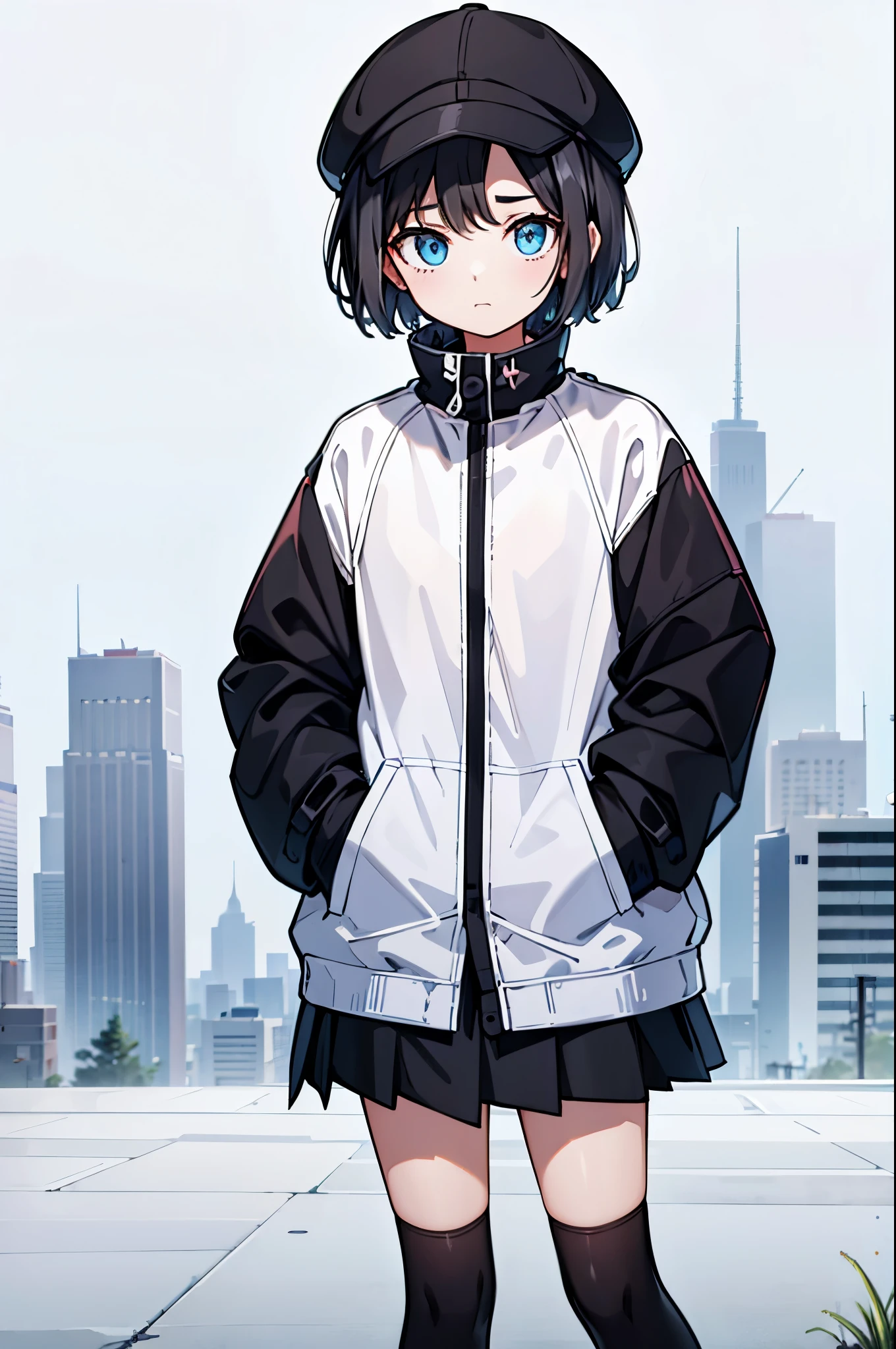 (((masterpiece, illustration, best quality))), 1girl, solo, blue eyes, looking at viewe, ((short hair)), ((black hair)), standing, ((baseball hat)), white headwear, upper body, black jacket, Closed sweater, ((Scenenary:white background)), black socks, ((black shirt)), perfect body, fit body, (closed mouth), ****, (hands in pockets), waterproof jacket, skirt white