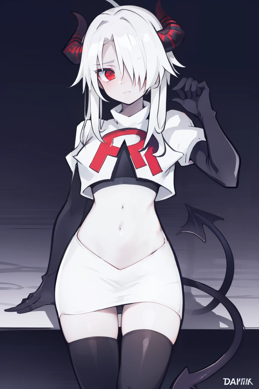 masterpiece, best quality, red eyes, white hair, twintails,hair over one eye,,black hair ribbons,ahoge,demon horns, demon tail,team rocket,team rocket uniform,white skirt,red letter R,crop top,black thigh-highs,black elbow gloves, comic strip