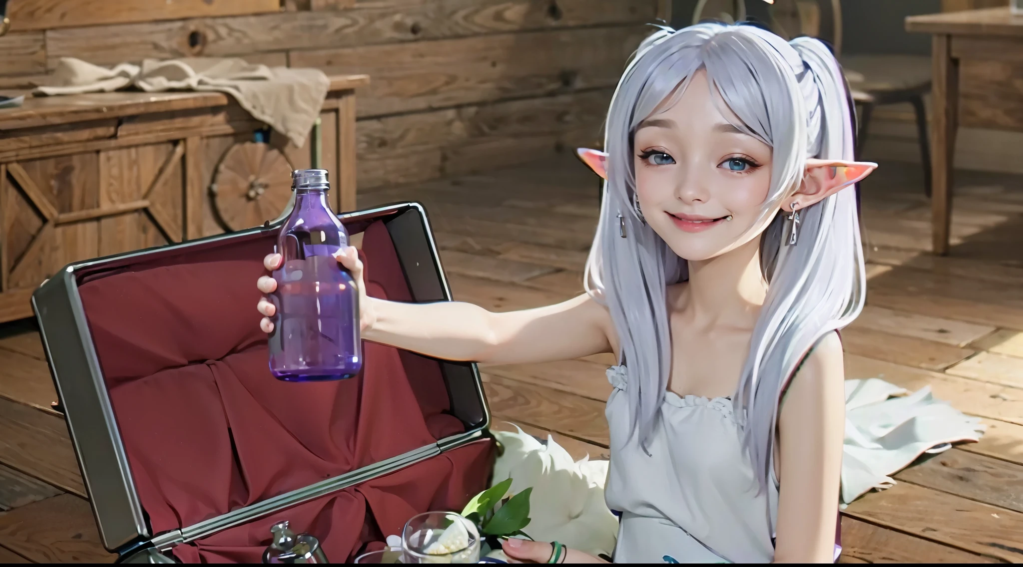 (Smirk:1.6)、female：1.1、green eyes：1.2、purple bottle、white clothes、silver eyebrows：1.3、high elf：1.2、elf ears、beautiful ears、silver hair：1.2、short eyebrows、twin tails、red earrings：1.2、detailed hair、movie writing、(best quality, 8K, 32K, muste piece, ticker:1.2)