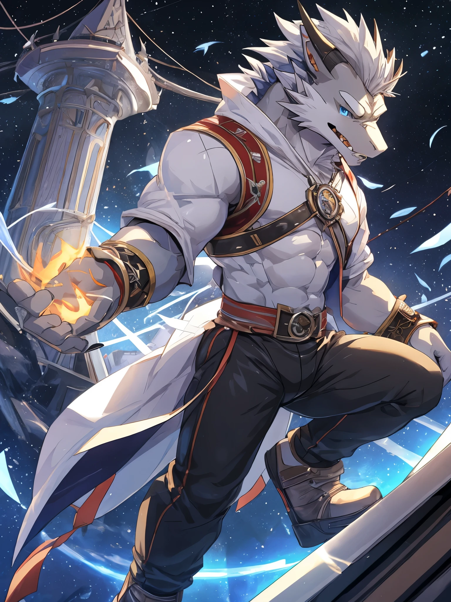 masterpiece, solo, Furry Gray Dragon, Two Gray Horns, Blue Eyes, Medium Muscular Body, Medium Gray Hair, Fighting Pose, Mouth Open, Handsome, Fierce, White long coat, Black Long Pants.