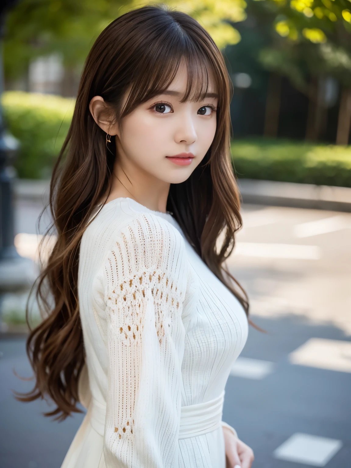 masterpiece、1 beautiful girl、A detailed eye、Puffy eyes、top-quality, 超A high resolution, (Realisticity: 1.4), cinematlic lighting、japanes、Asian Beauty、Super beauty、Beautiful skin、A slender、The body facing forward、(A hyper-realistic)、(hight resolution)、(8K)、(ighly detailed)、(beautifully detailed eyes)、(ultra-detailliert)、 (wall-)、A detailed face、Bright lighting、profetional lighting、looking at viewert、Facing straight ahead、(The costume a knitted dress)、Long hair, hair messy, asymmetrical bangs, 、nighttime scene、Brown hair、Japan idle、韓国アイドル、hposing Gravure Idol、、age19、tall,