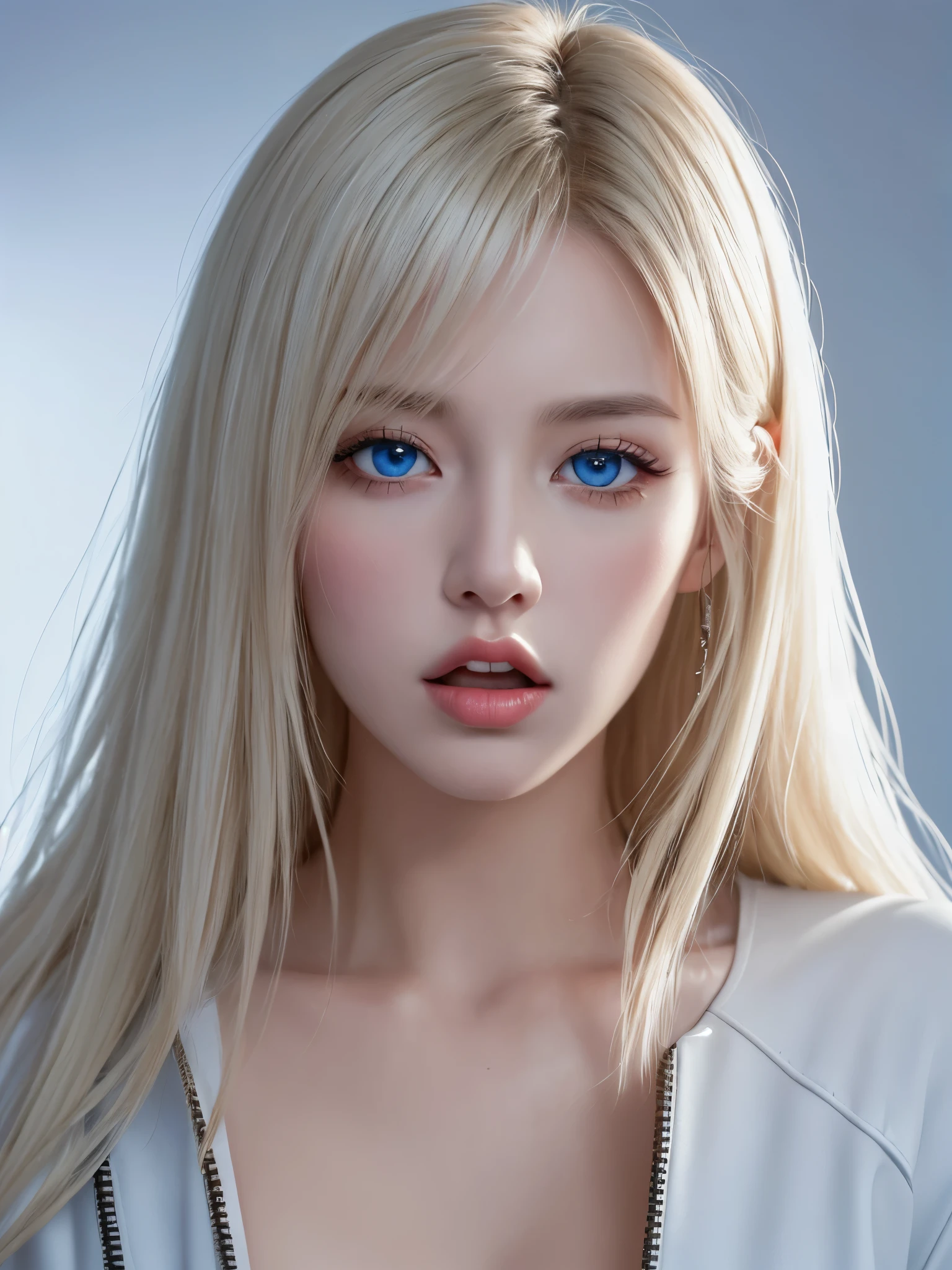 fantasy-style, fantasy, 1 girl, alone, detailed头发, long white hair, teardrop, Critical hit rate, Critical hit rate with eyes open, jacket, red open lips, blue eyes, upper part of body, white background with, zipper, Fluttering, blonde hair, background with, black jacket, teeth, open mouth, look away, , shirt, eyelash,, parted open lips, through bangs, open lips, messy hair, long sleeves, clavicle, Boss, white hair, wind, , look next to (high resolution), 8K, detailed, ambient light, The art of math, soft light, (Hyper-detailed Background:1.2), messy hair, (mature face:1.4), (pretty face:1.15), (((masterpiece))), (best quality), (( a perfect face)), very deep eyeovie lighting), delicate eyes, best quality, realistic background with, high resolution, (complex details), detailed手指, The very detailed, complex, Award-winning, ultra - detailed, hard lighting, complex details, eye focus, (Enlightenment:1.1), high resolution, Hot topics on artstation