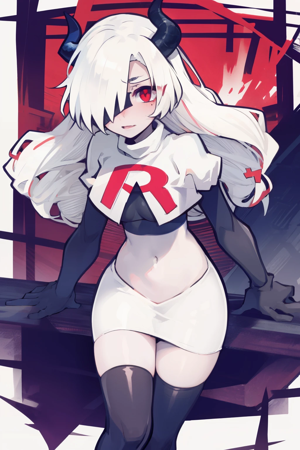 masterpiece, best quality, red eyes, white hair, twintails,hair over one eye,,black hair ribbons,ahoge,demon horns, demon tail,team rocket,team rocket uniform,white skirt,red letter R,crop top,black thigh-highs,black elbow gloves, comic strip