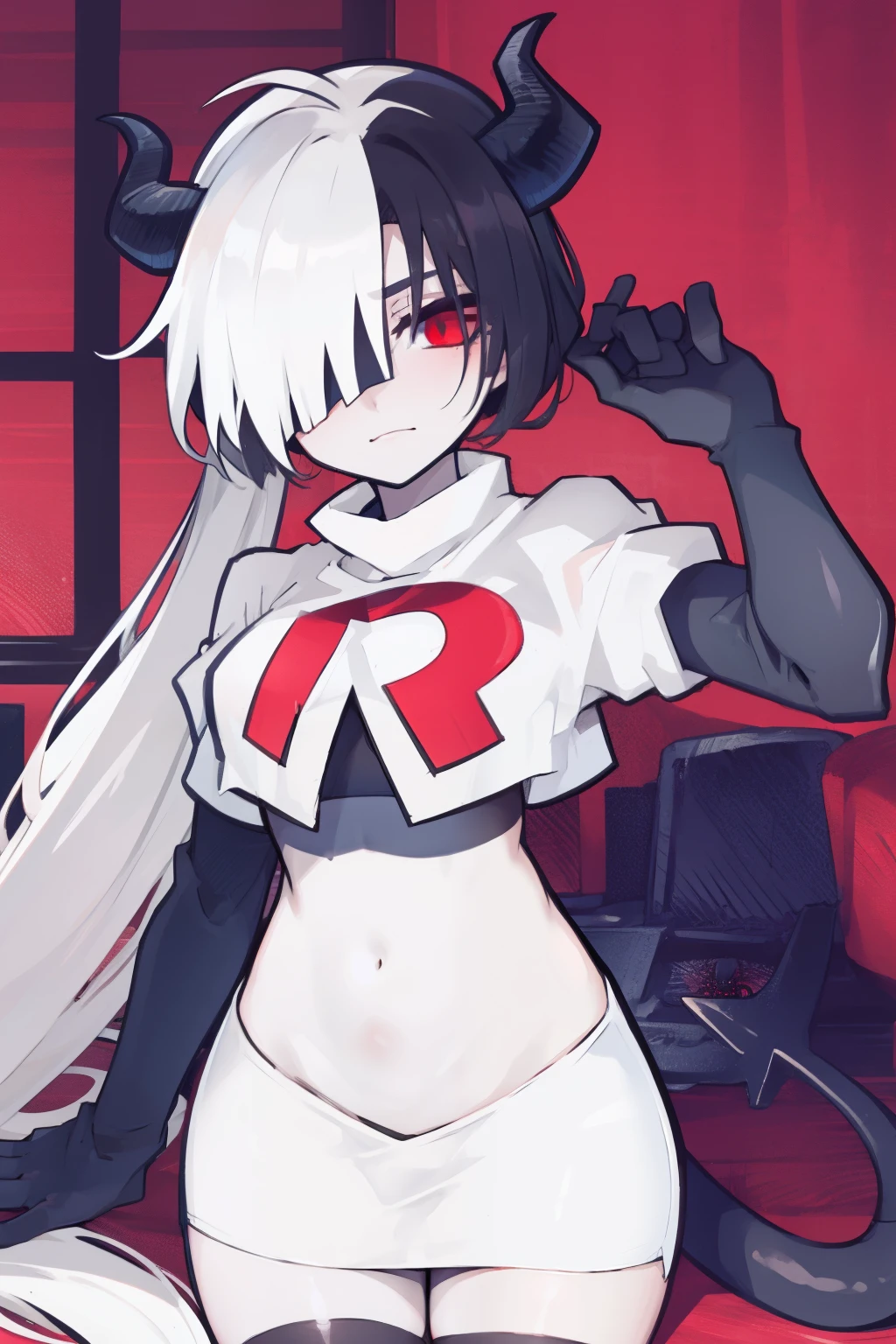 masterpiece, best quality, red eyes, white hair, twintails,hair over one eye,,black hair ribbons,ahoge,demon horns, demon tail,team rocket,team rocket uniform,white skirt,red letter R,crop top,black thigh-highs,black elbow gloves, comic strip