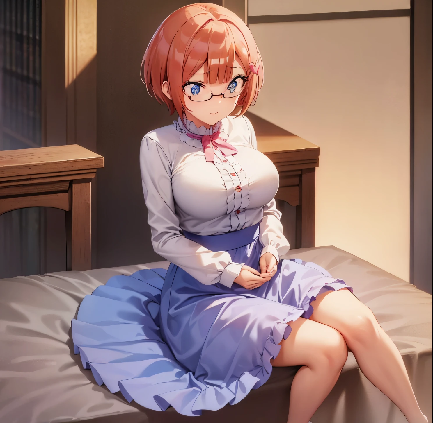 ((masterpiece)), ((Best quality)), (Ultra detailed), in bed, light blue blouse, long sleeve, neckline, pink skirt, long skirt, heels, ((pretty eyes)), big breasts, 1 girl in the library, alone, good lighting, Embarrassed, seductive, Rizu ogata, blue eyes, no glasses, medium hair, orange hair, ((pretty eyes)), smile, big breasts, medium waist, wide hips, medium thighs, good anatomy, good hands