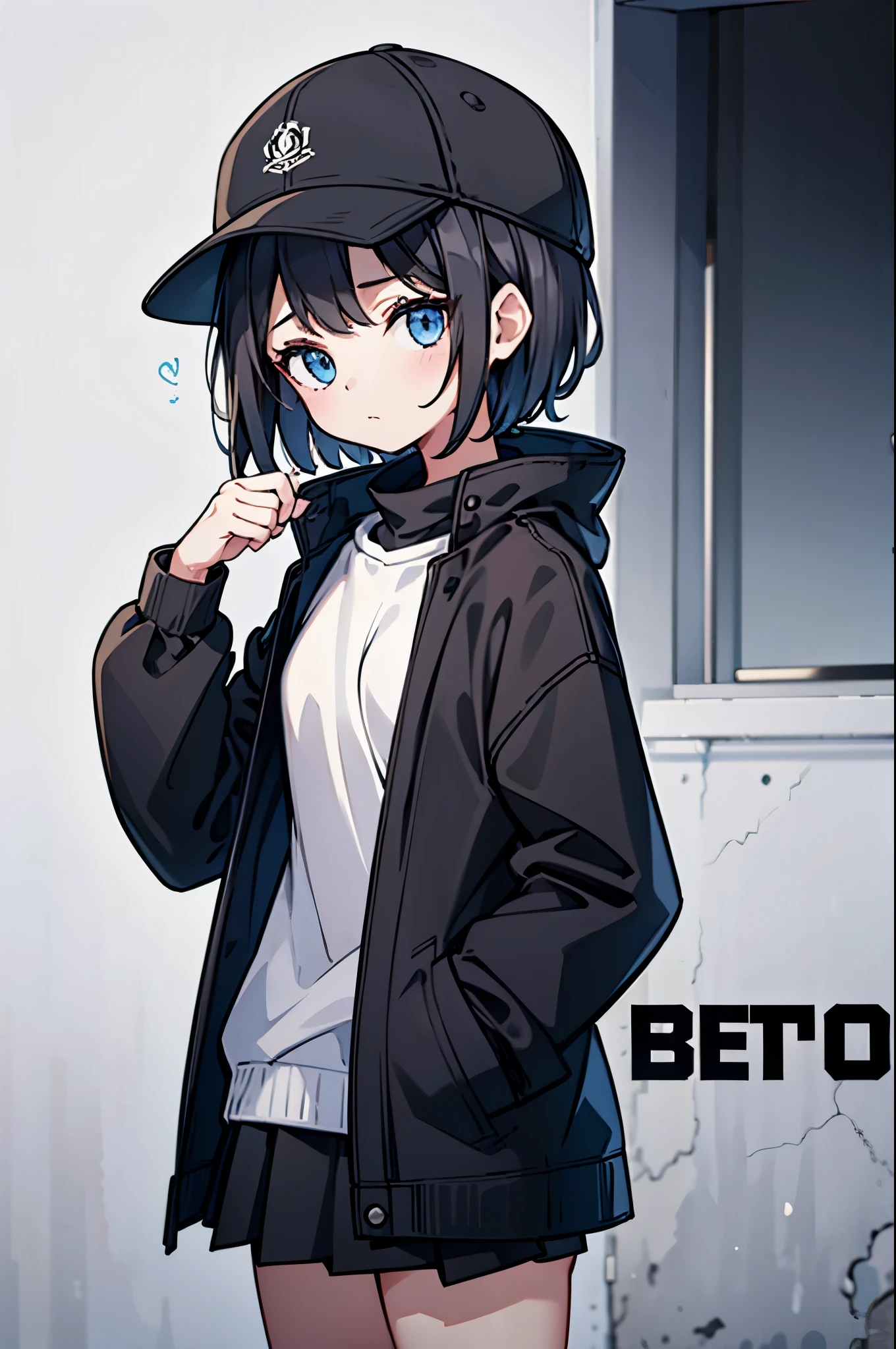 (((masterpiece, illustration, best quality))), 1girl, solo, blue eyes, looking at viewe, ((short hair)), ((black hair)), standing, ((baseball hat)), white headwear, upper body, black jacket, Closed sweater, ((Scenenary:white background)), black socks, ((black shirt)), perfect body, fit body, (closed mouth), ****, (hands in pockets), waterproof jacket, skirt white