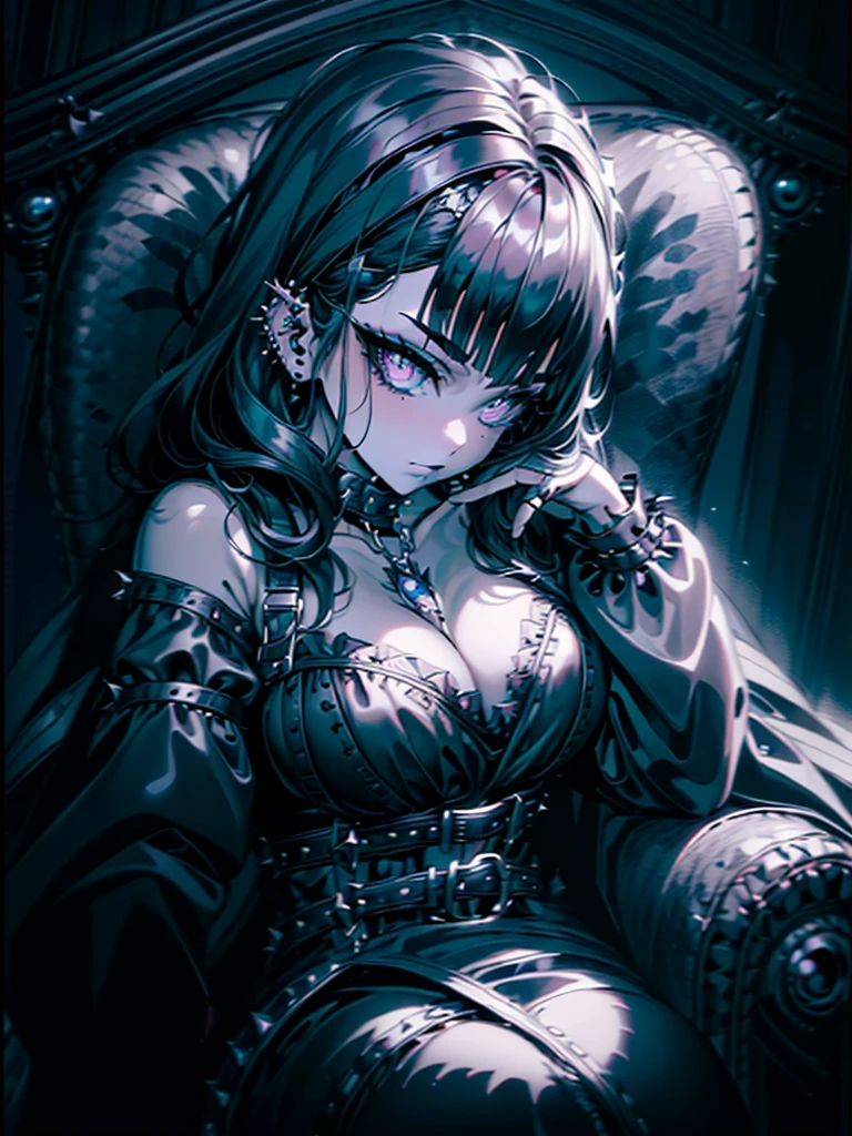 (best quality,4k,8k,highres,masterpiece:1.2),ultra-detailed,portrait,sexy woman,goth makeup,edgy punk hairstyle,detailed eyes and face,long eyelashes,victorian dress,gothic punk style,spiked piercings,black and white photography,high contrast lighting,dramatic shadows