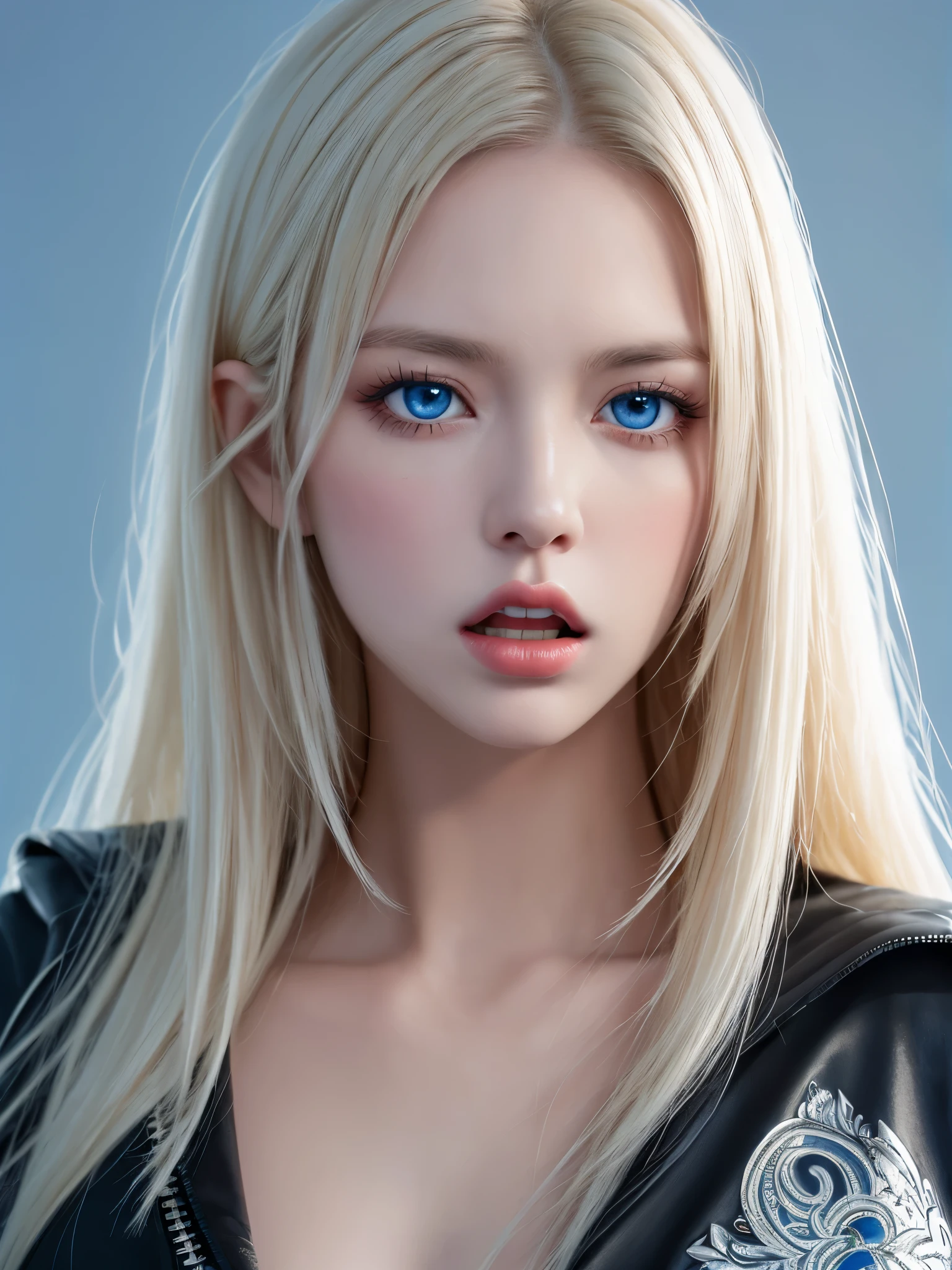 fantasy-style, fantasy, 1 girl, alone, detailed头发, long white hair, teardrop, Critical hit rate, Critical hit rate with eyes open, jacket, red open lips, blue eyes, upper part of body, white background with, zipper, Fluttering, blonde hair, background with, black jacket, teeth, open mouth, look away, , shirt, eyelash,, parted open lips, through bangs, open lips, messy hair, long sleeves, clavicle, Boss, white hair, wind, , look next to (high resolution), 8K, detailed, ambient light, The art of math, soft light, (Hyper-detailed Background:1.2), messy hair, (mature face:1.4), (pretty face:1.15), (((masterpiece))), (best quality), (( a perfect face)), very deep eyeovie lighting), delicate eyes, best quality, realistic background with, high resolution, (complex details), detailed手指, The  very detailed, complex, Award-winning, ultra - detailed, hard lighting, complex details, eye focus, (Enlightenment:1.1), high resolution, Hot topics on artstation