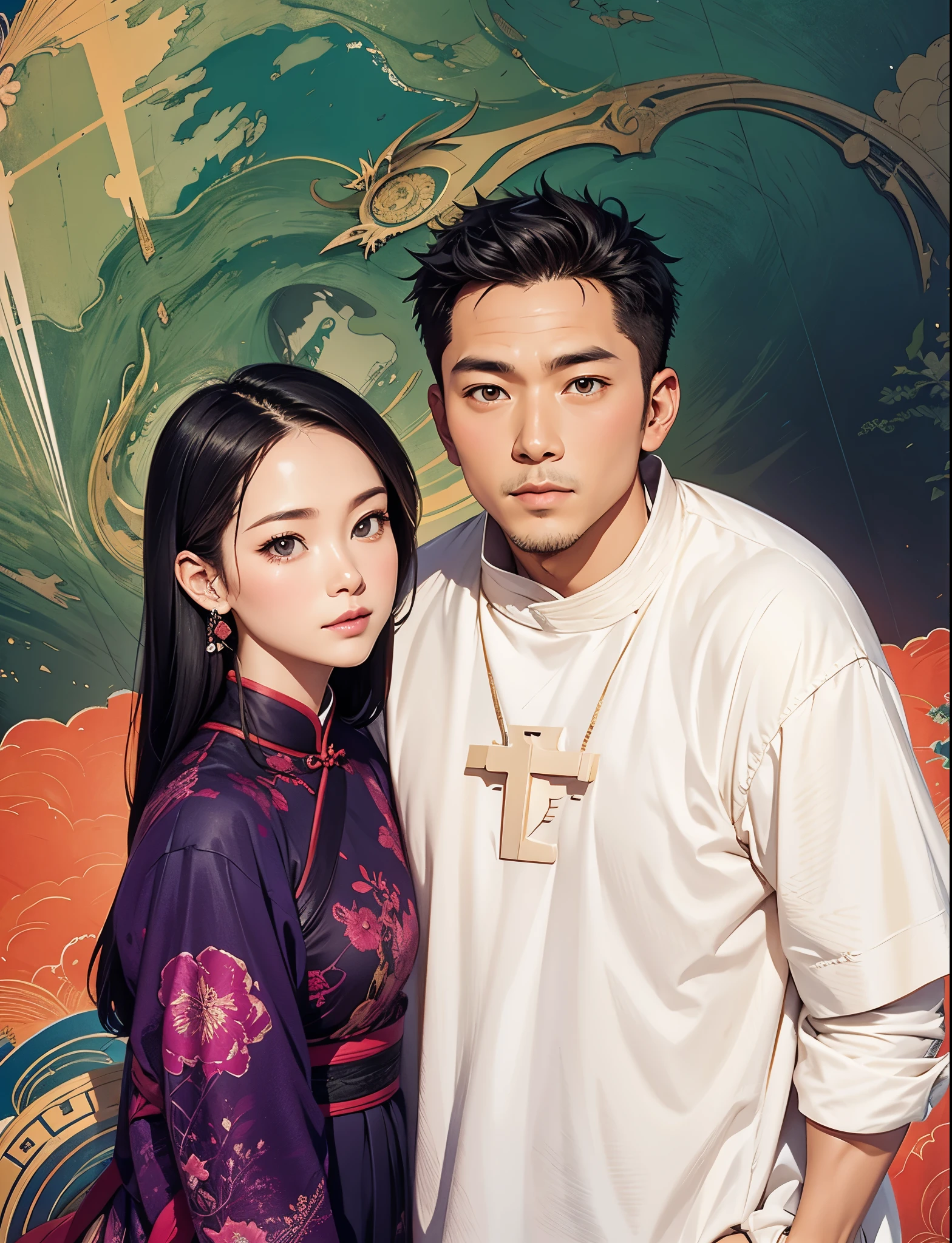 Chinese couple standing alone on hill| centered| detailed gorgeous face| anime style| key visual| intricate detail| highly detailed| breathtaking| vibrant| panoramic| cinematic| Carne Griffiths| Conrad Roset| ghibli