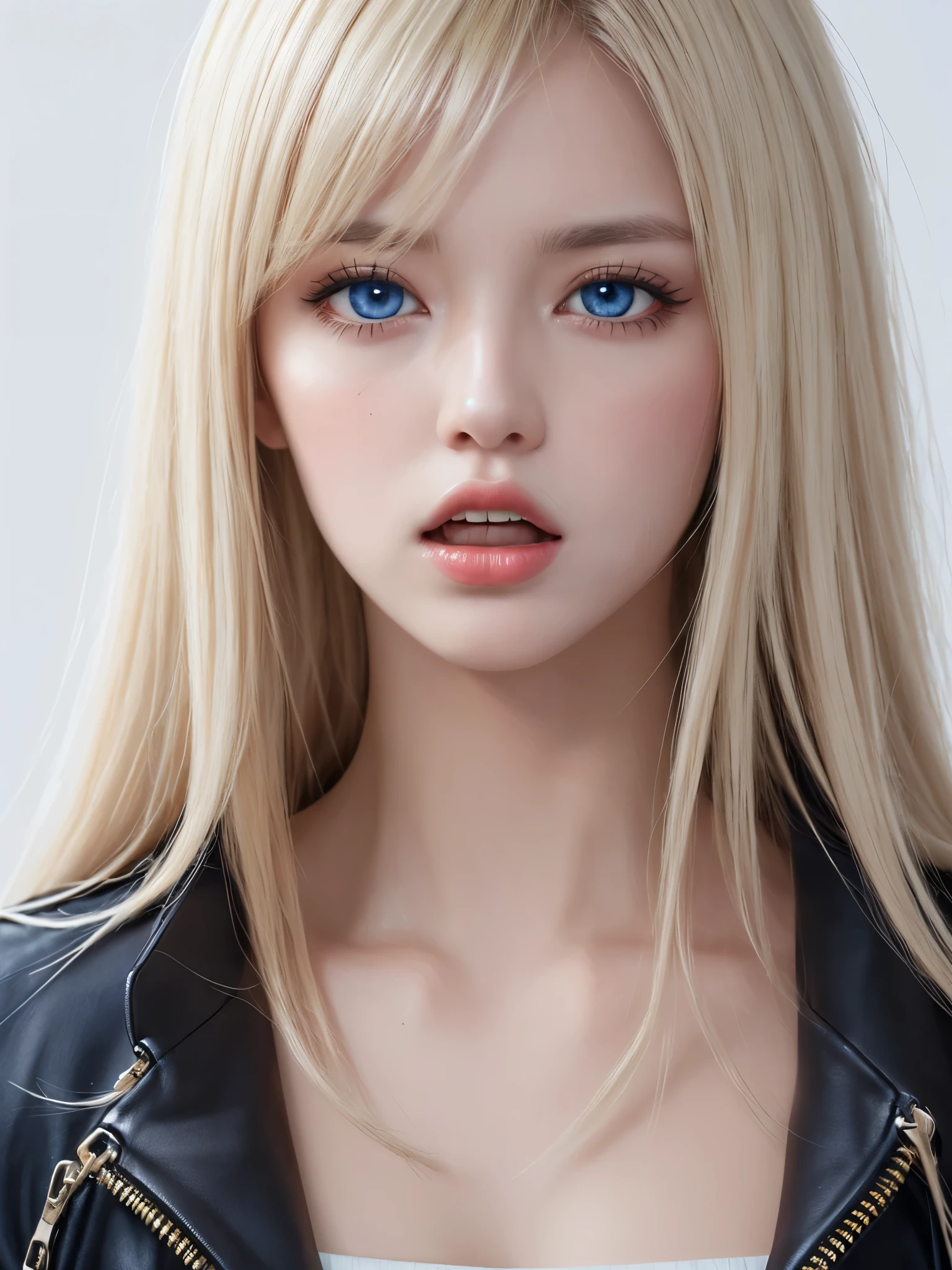 fantasy-style, fantasy, 1 girl, alone, detailed头发, long white hair, teardrop, Critical hit rate, Critical hit rate with eyes open, jacket, red open lips, blue eyes, upper part of body, white background with, zipper, Fluttering, blonde hair, background with, black jacket, teeth, open mouth, look away, , shirt, eyelash,, parted open lips, through bangs, open lips, messy hair, long sleeves, clavicle, Boss, white hair, wind, , look next to (high resolution), 8K, detailed, ambient light, The art of math, soft light, (Hyper-detailed Background:1.2), messy hair, (mature face:1.4), (pretty face:1.15), (((masterpiece))), (best quality), (( a perfect face)), very deep eyeovie lighting), delicate eyes, best quality, realistic background with, high resolution, (complex details), detailed手指, The  very detailed, complex, Award-winning, ultra - detailed, hard lighting, complex details, eye focus, (Enlightenment:1.1), high resolution, Hot topics on artstation