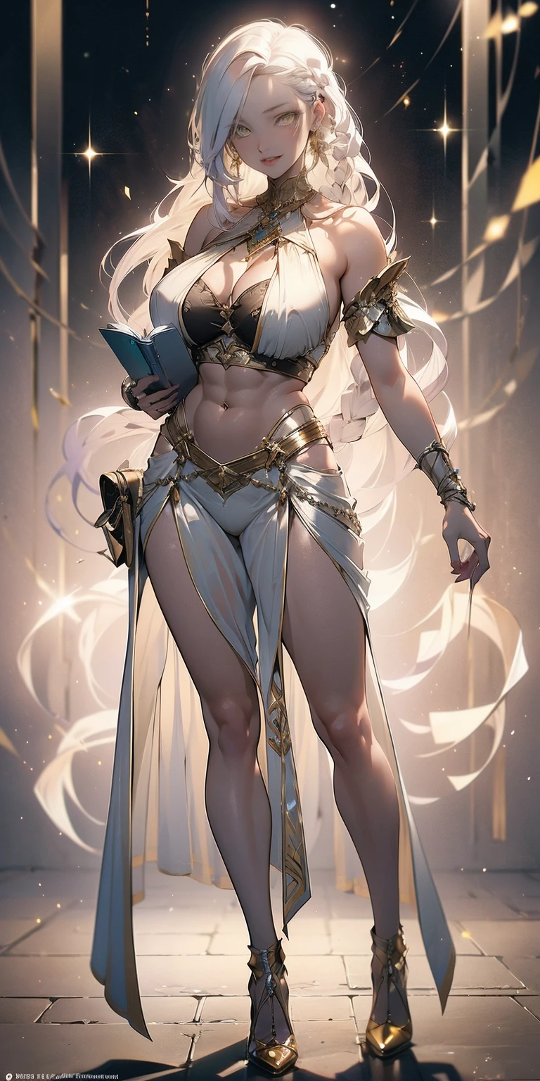 1girl full body standing, nice ass, Hairstyle with a braid, white colored hair, Yellow eyes, perfect lighting, muscular, thights, Mature woman, mummy, bellybutton, Abs, looks at the viewer (tmasterpiece, hiquality: 1.1) ssmile, Extremely huge breasts, Maternal, porcelain skin, extra very long hair, sparkly skin, good face, chest cover