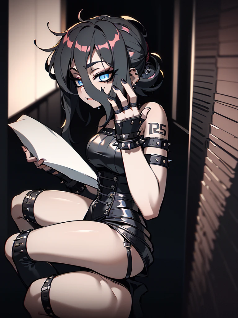 (best quality,4k,8k,highres,masterpiece:1.2),ultra-detailed,portrait,sexy woman,goth makeup,edgy punk hairstyle,detailed eyes and face,long eyelashes,victorian dress,gothic punk style,spiked piercings,black and white photography,high contrast lighting,dramatic shadows