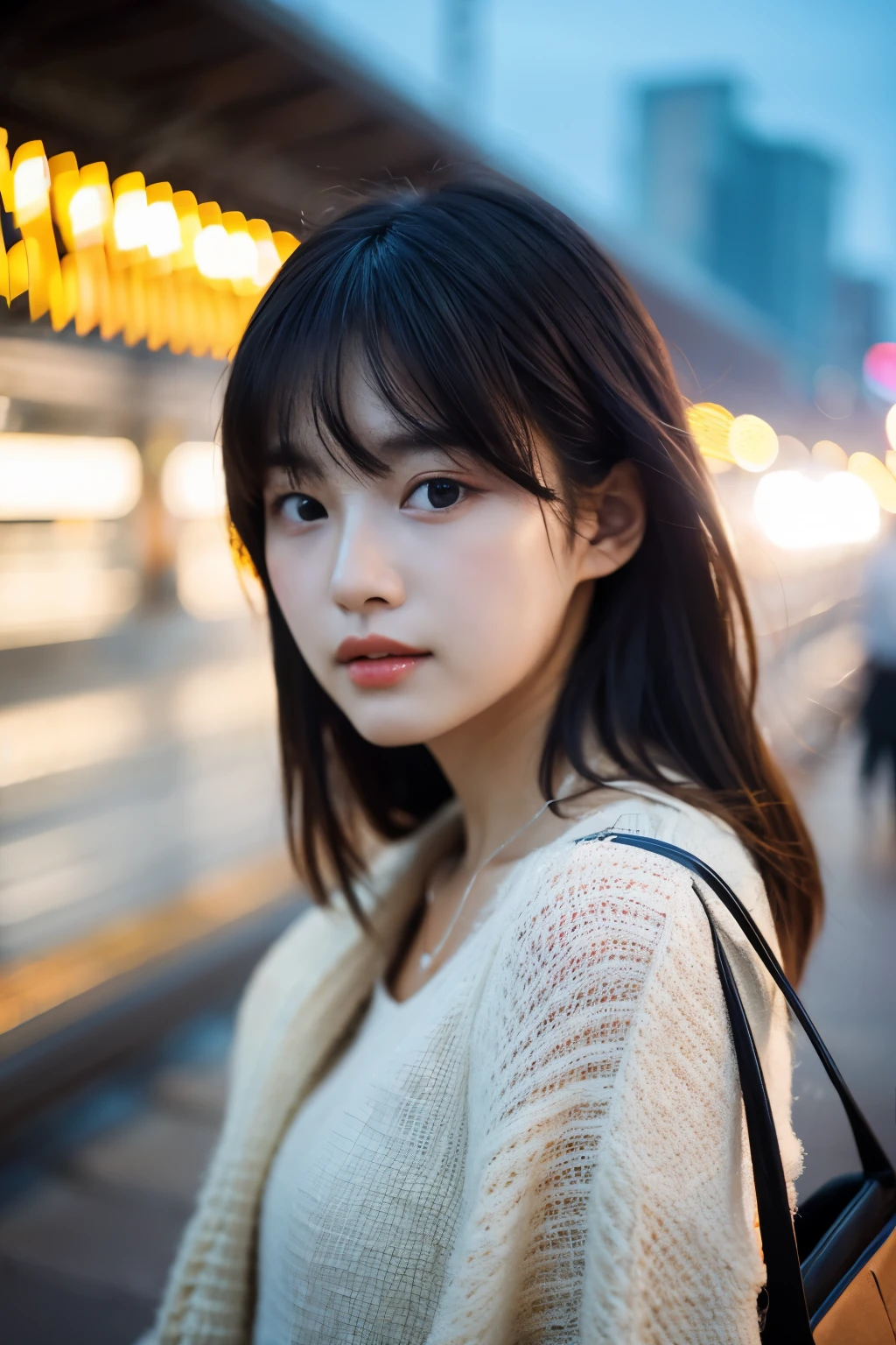 Cinematic Photo of a beautiful korean fashion model bokeh train