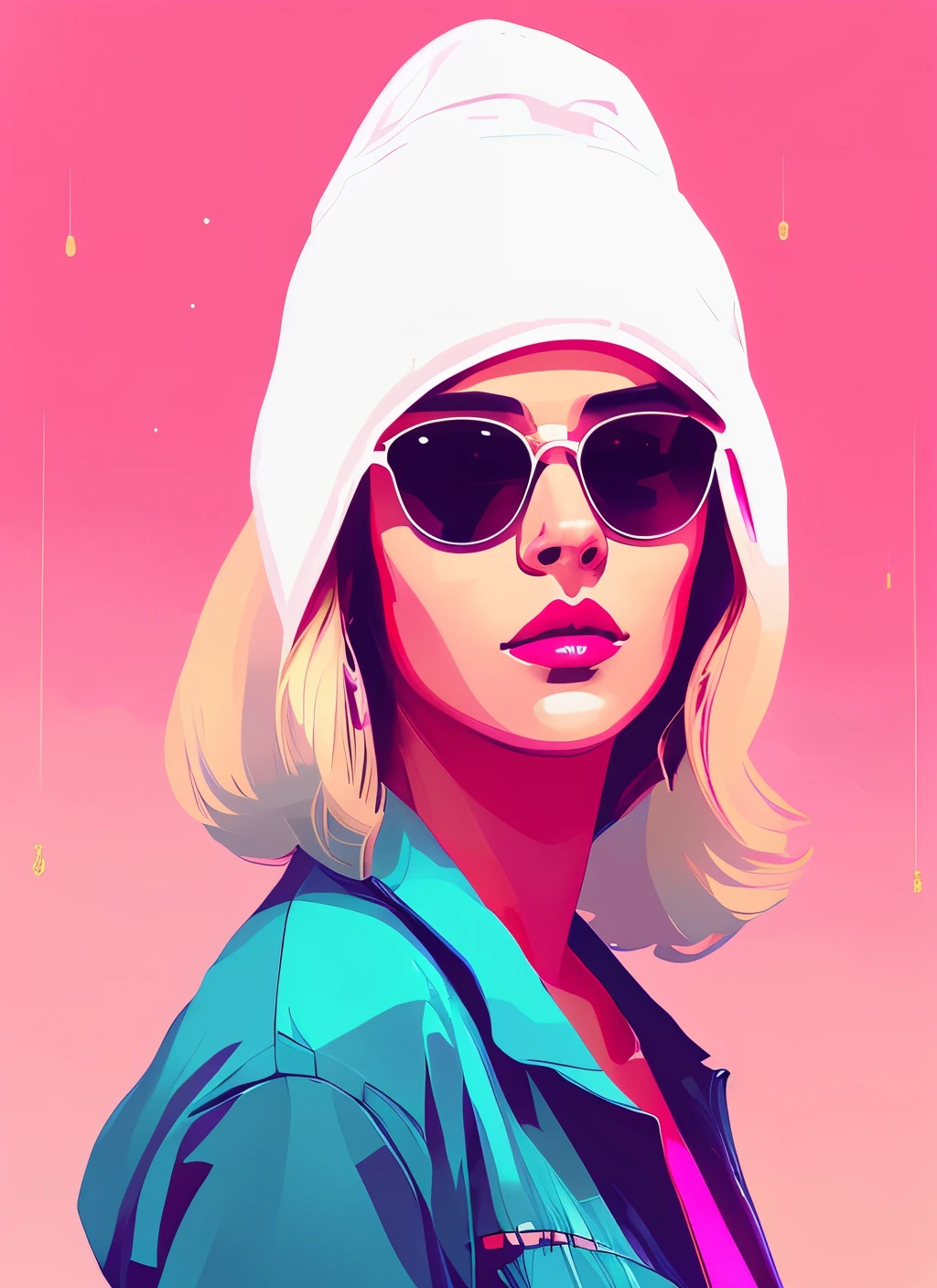 a close up of a woman with sunglasses on a pink background, in style of digital illustration, illustration style, style of alena aenami, art of alena aenami, lofi artstyle, jen bartel, lofi girl, inspired by Alena Aenami, james gilleard artwork, lofi portrait, in style of james gilleard