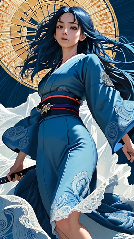 (best quality, masterpiece, beautiful and aesthetic:1.2, colorful, dynamic angle) full body photo epic realistic, (close up), 1girl, floating blue_hair, long hair, (water:0.7), waterdrop, wet, holding_katana, blue_kimono with intricate pattern, ultra detailed, (textured_clothing), black_background,, high contrast colors, 35mm, bokeh, 9:16, (intricate details, hyperdetailed:1.15), detailed, sunlight passing through hair (high contrast, official art, extreme detailed, highest detailed),