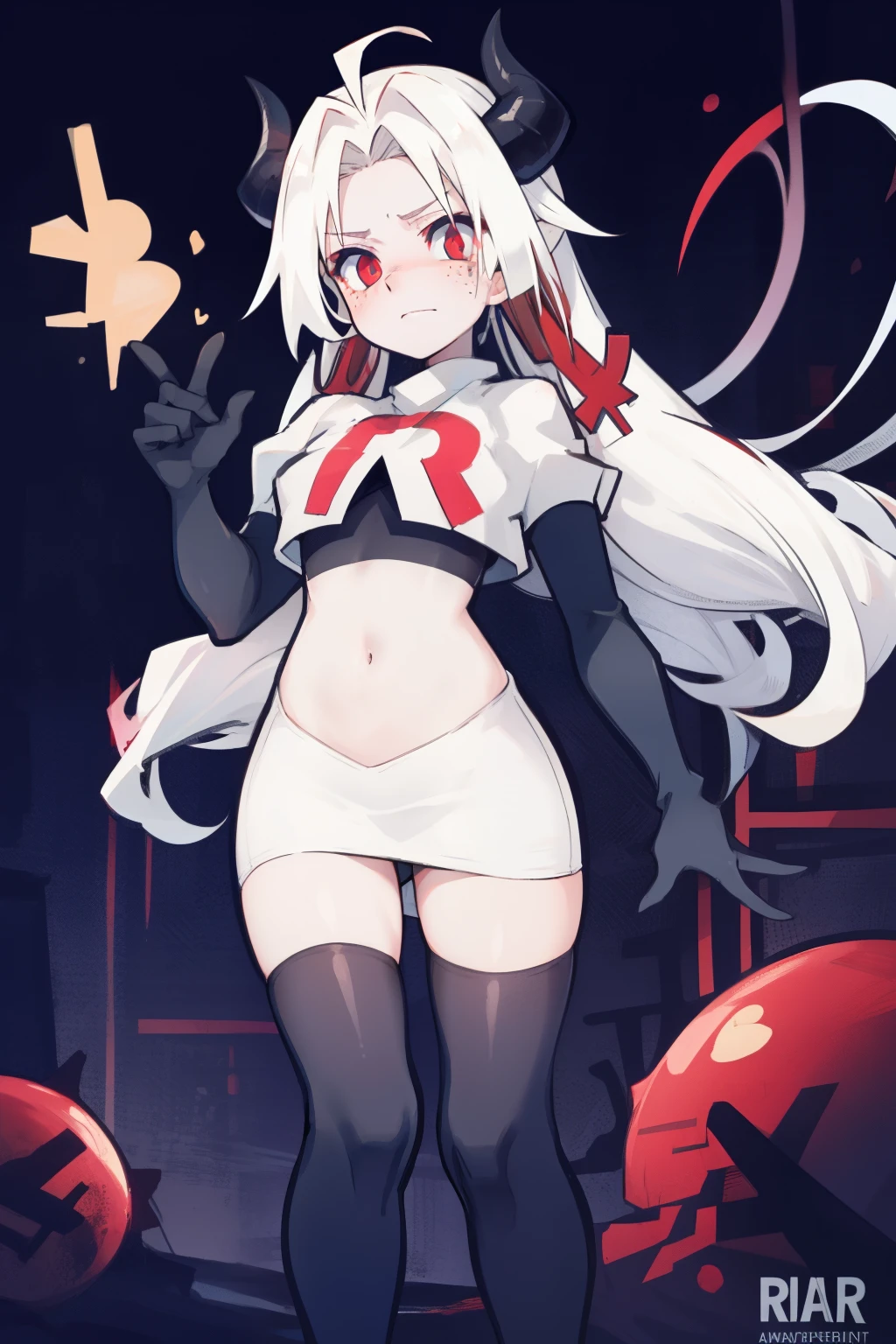 masterpiece, best quality, red eyes, white hair, twintails,ahoge,freckles,black hair ribbons,demon horns, demon tail,team rocket,team rocket uniform,white skirt,red letter R,crop top,black thigh-highs,black elbow gloves, comic strip