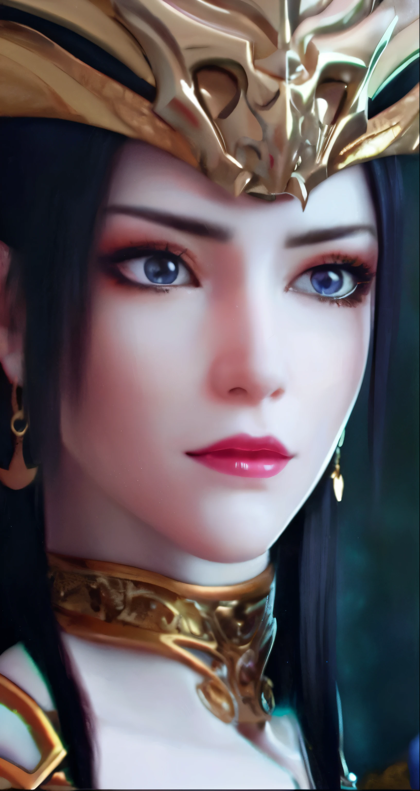 Close-up of a woman wearing a gold headdress and red lipstick, ((beautiful fantasy queen)), beautiful fantasy queen, Movie goddess close-up, beautiful anime face, She has elven ears and golden eyes, Beautiful facial details, beautiful elf princess, surreal anime, Detailed beautiful face, Elf character with a silly smile, Realistic 3D animations