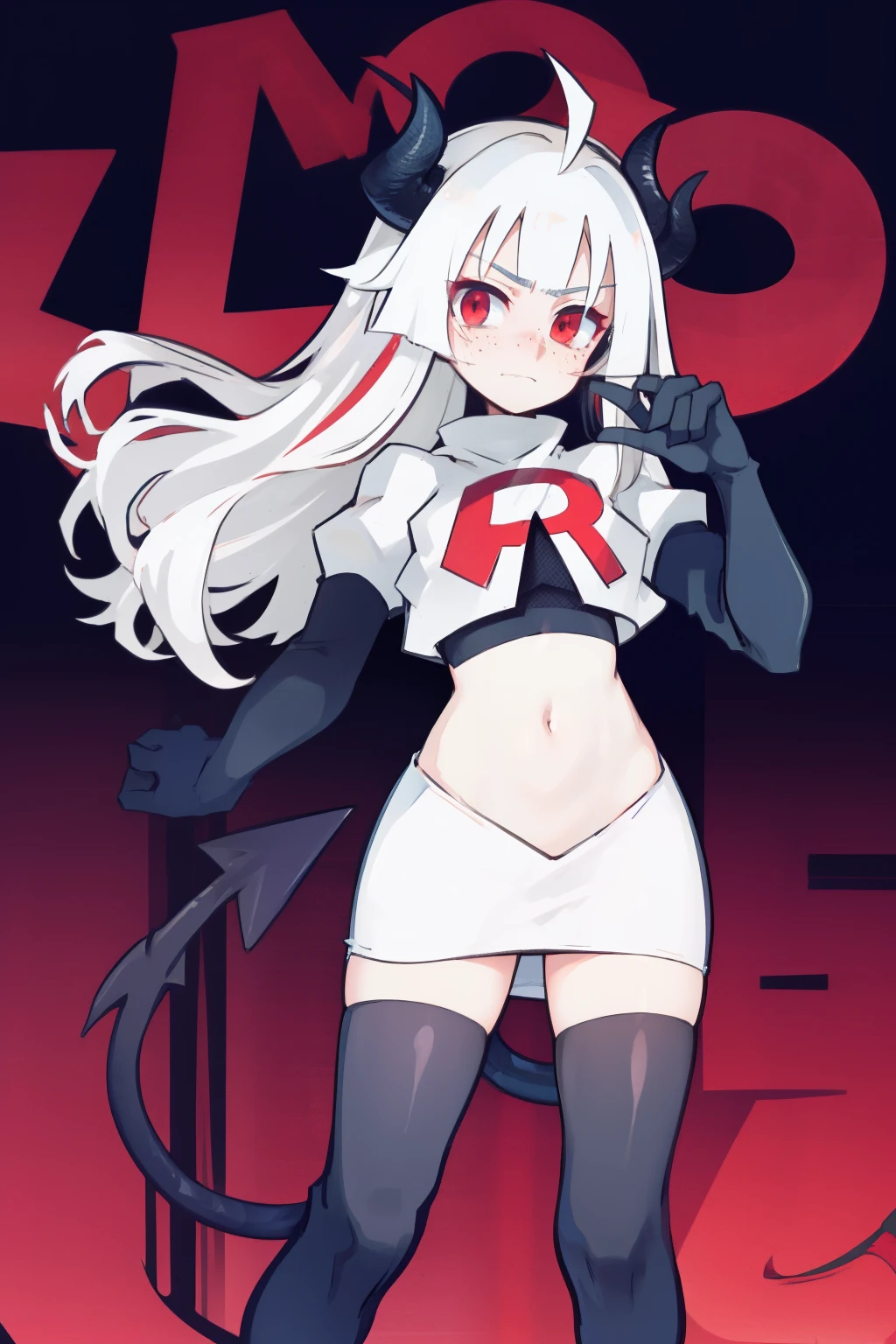 masterpiece, best quality, red eyes, white hair, twintails,ahoge,freckles,black hair ribbons,demon horns, demon tail,team rocket,team rocket uniform,white skirt,red letter R,crop top,black thigh-highs,black elbow gloves, comic strip